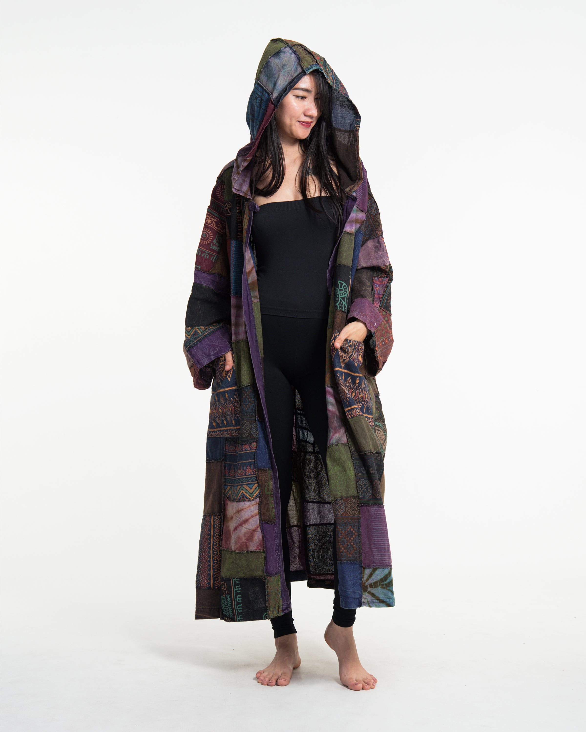 Patchwork Stonewash Hooded Long Kimono Robe in Multi Purple