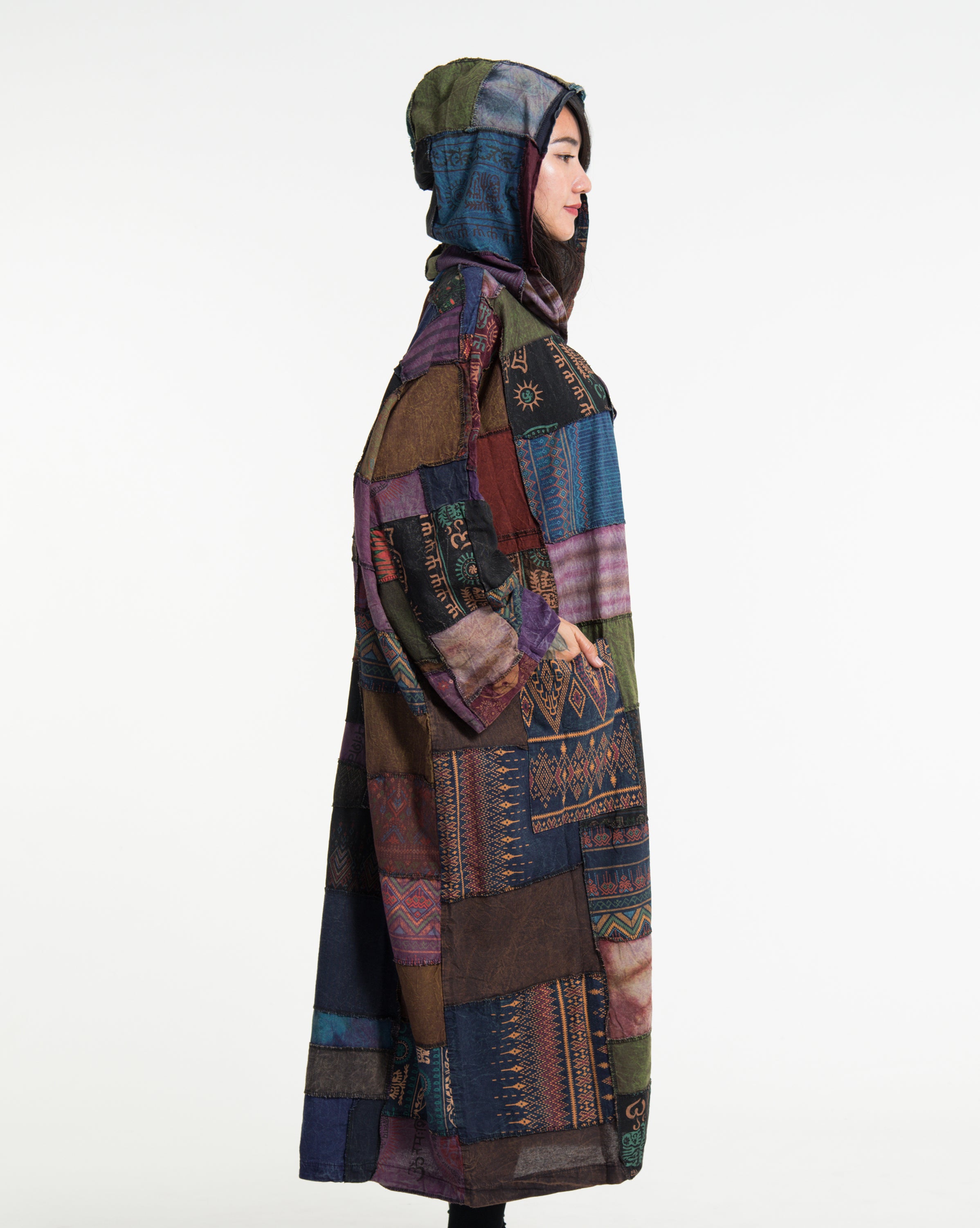 Patchwork Stonewash Hooded Long Kimono Robe in Multi Purple