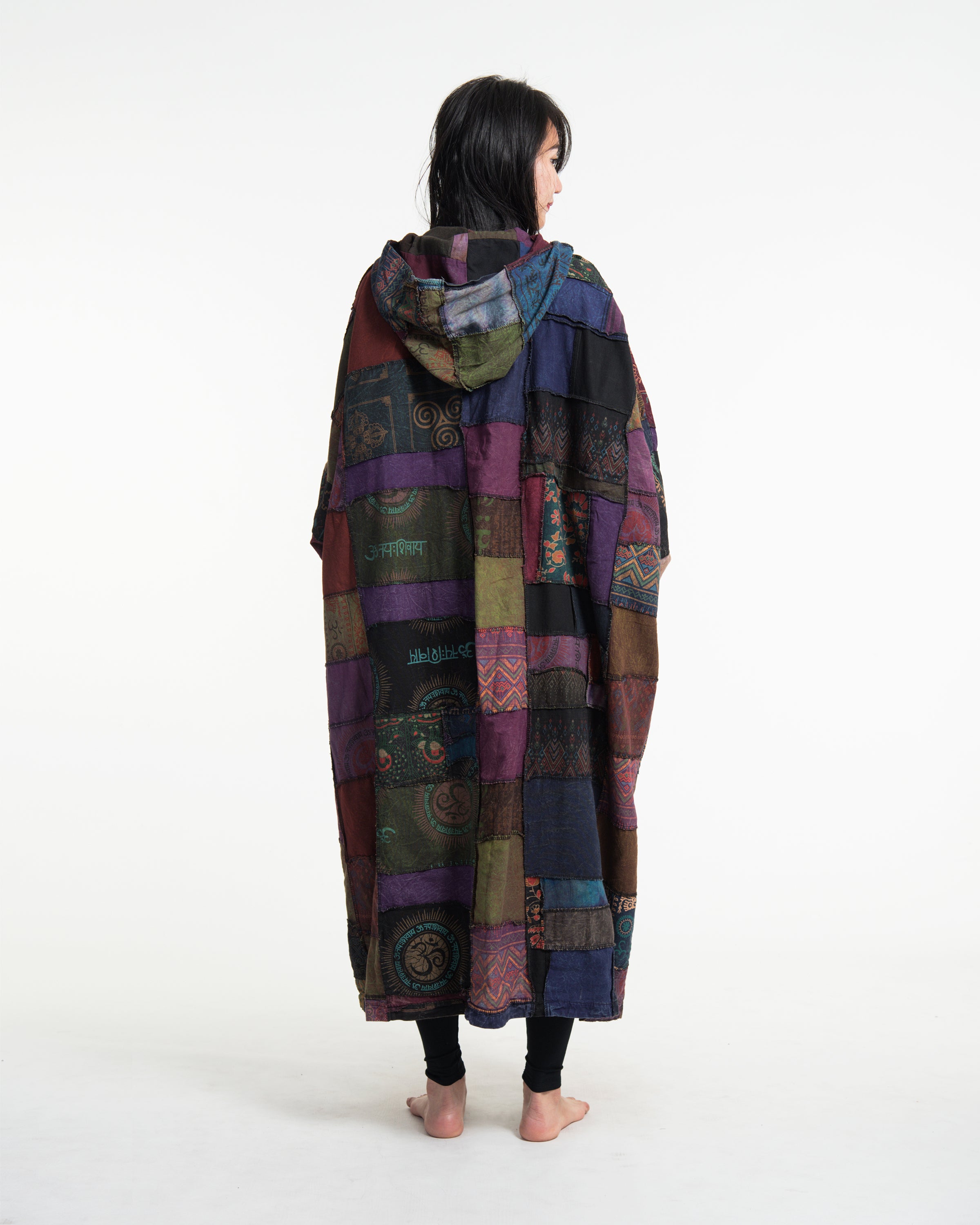 Patchwork Stonewash Hooded Long Kimono Robe in Multi Purple