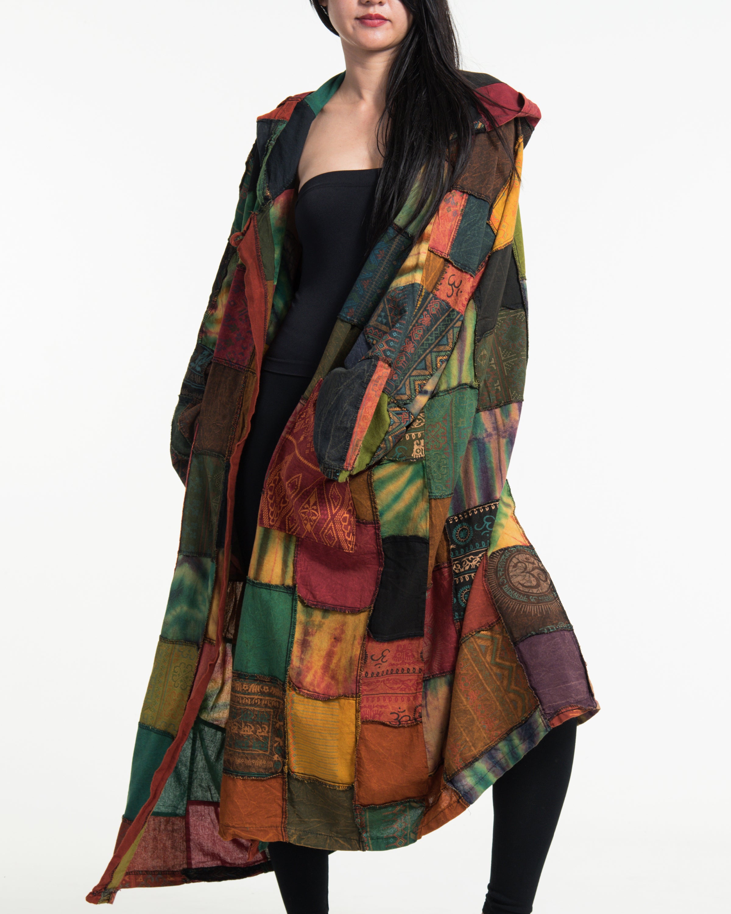 Patchwork Stonewash Hooded Long Kimono Robe in Multi Yellow
