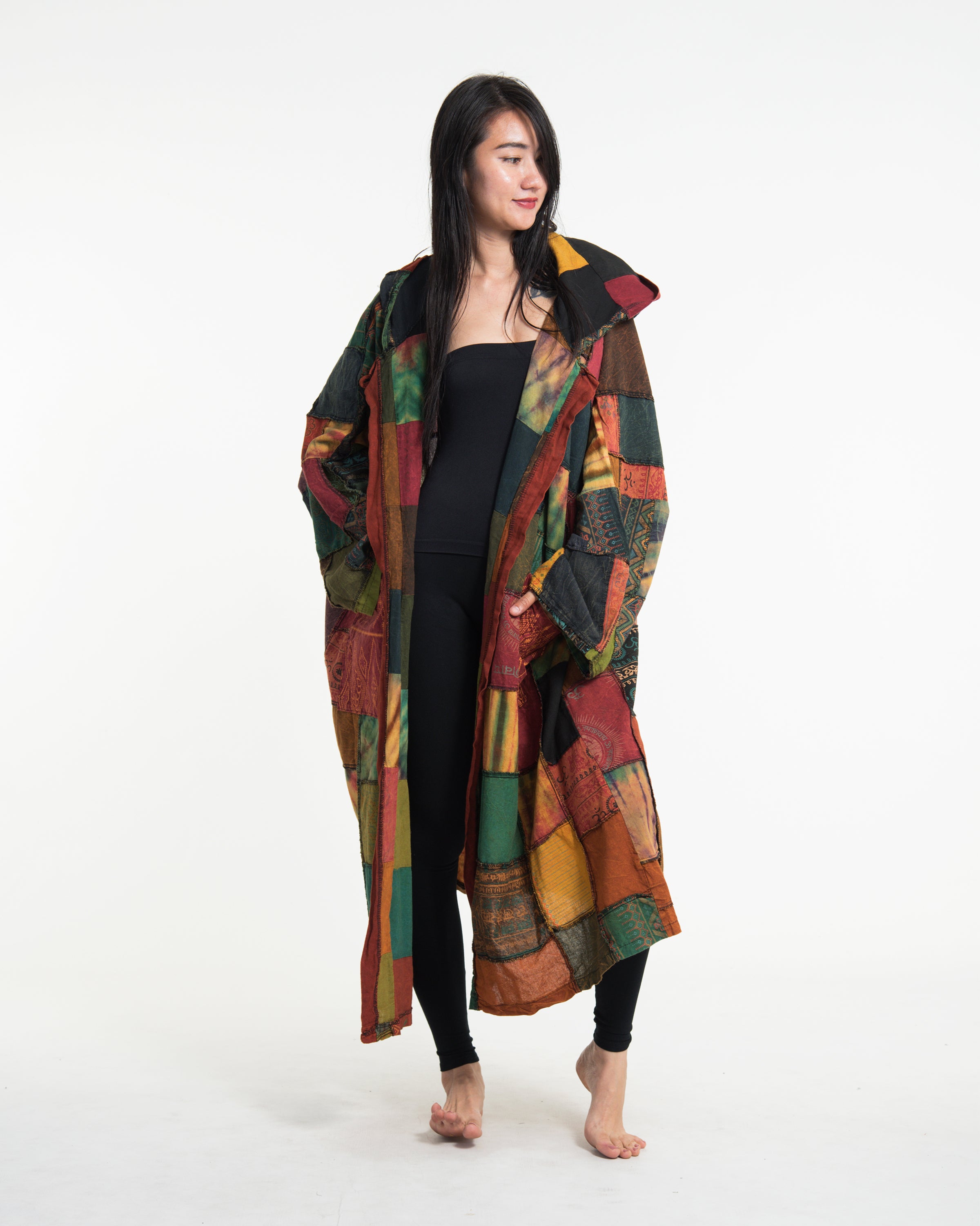 Patchwork Stonewash Hooded Long Kimono Robe in Multi Yellow