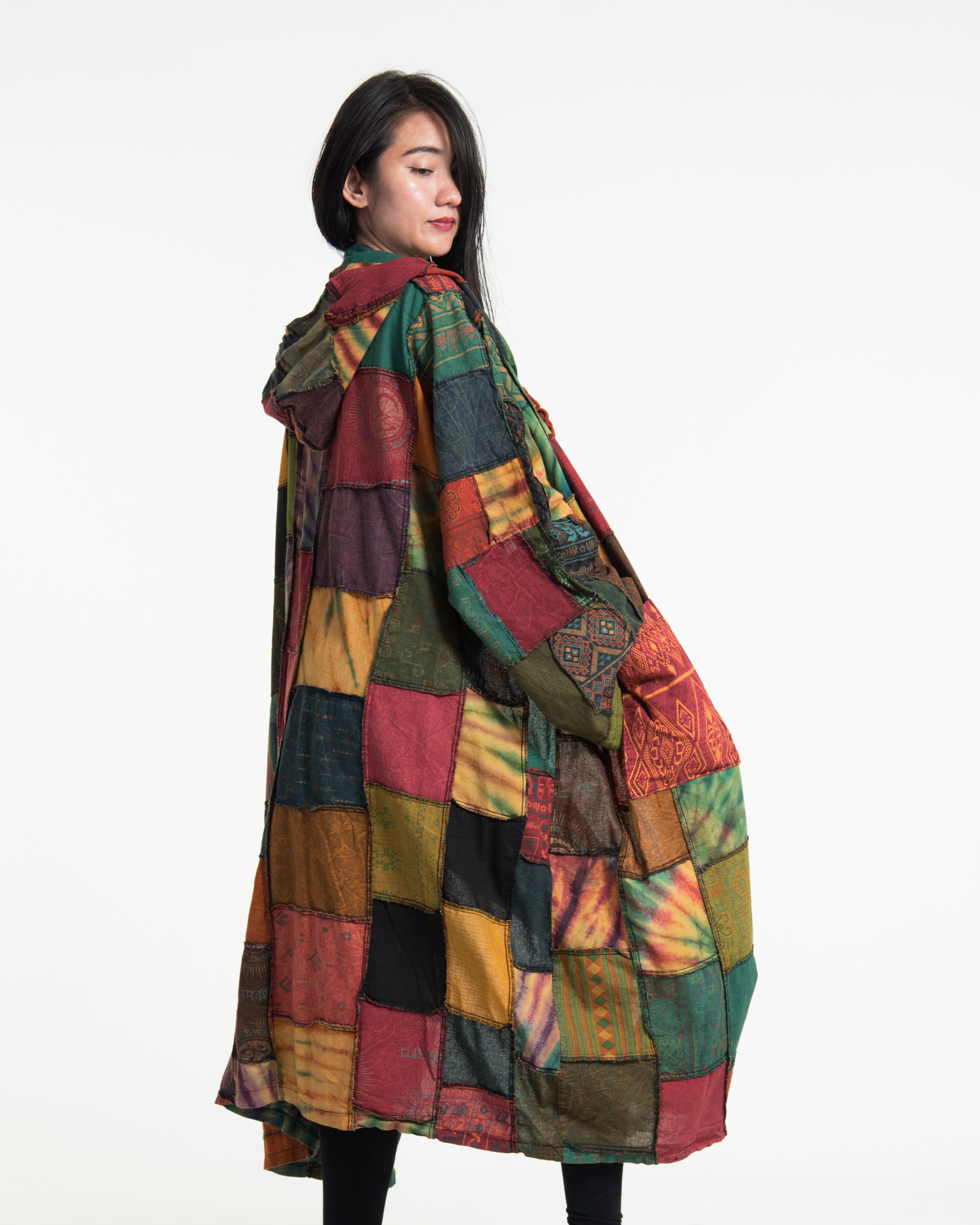 Patchwork Stonewash Hooded Long Kimono Robe in Multi Yellow