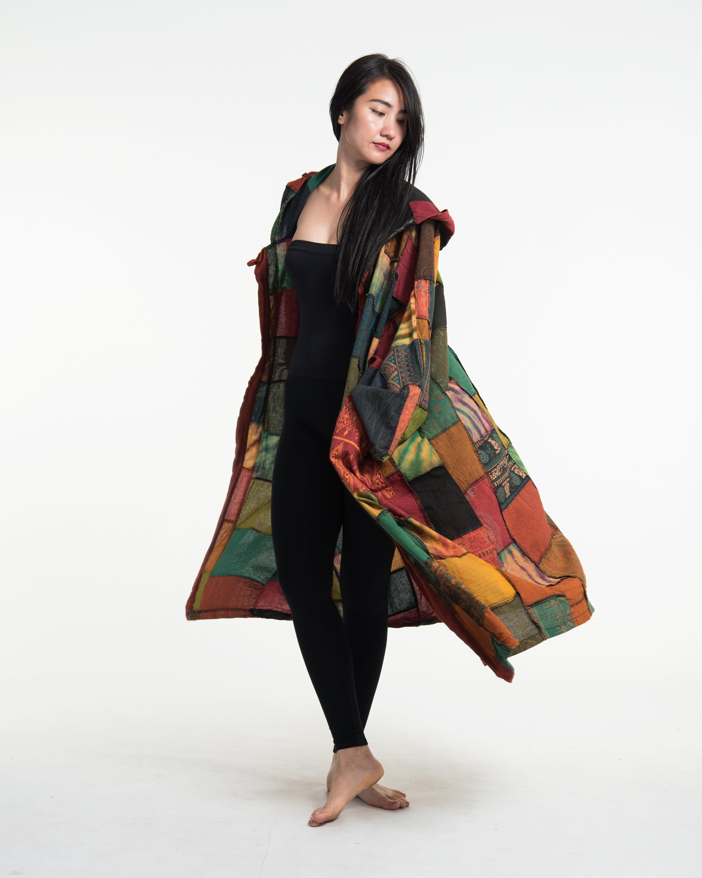 Patchwork Stonewash Hooded Long Kimono Robe in Multi Yellow