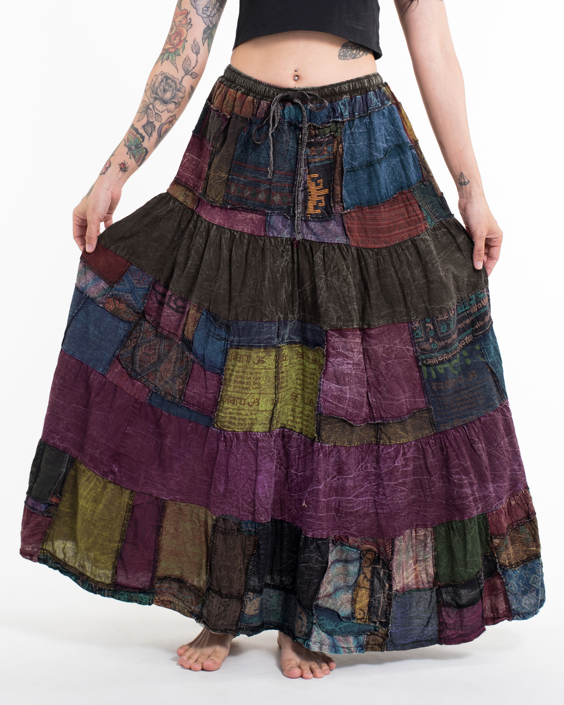 Patchwork Stonewash Long Skirt in Multi Brown Purple