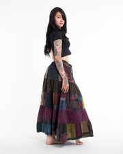 Patchwork Stonewash Long Skirt in Multi Brown Purple