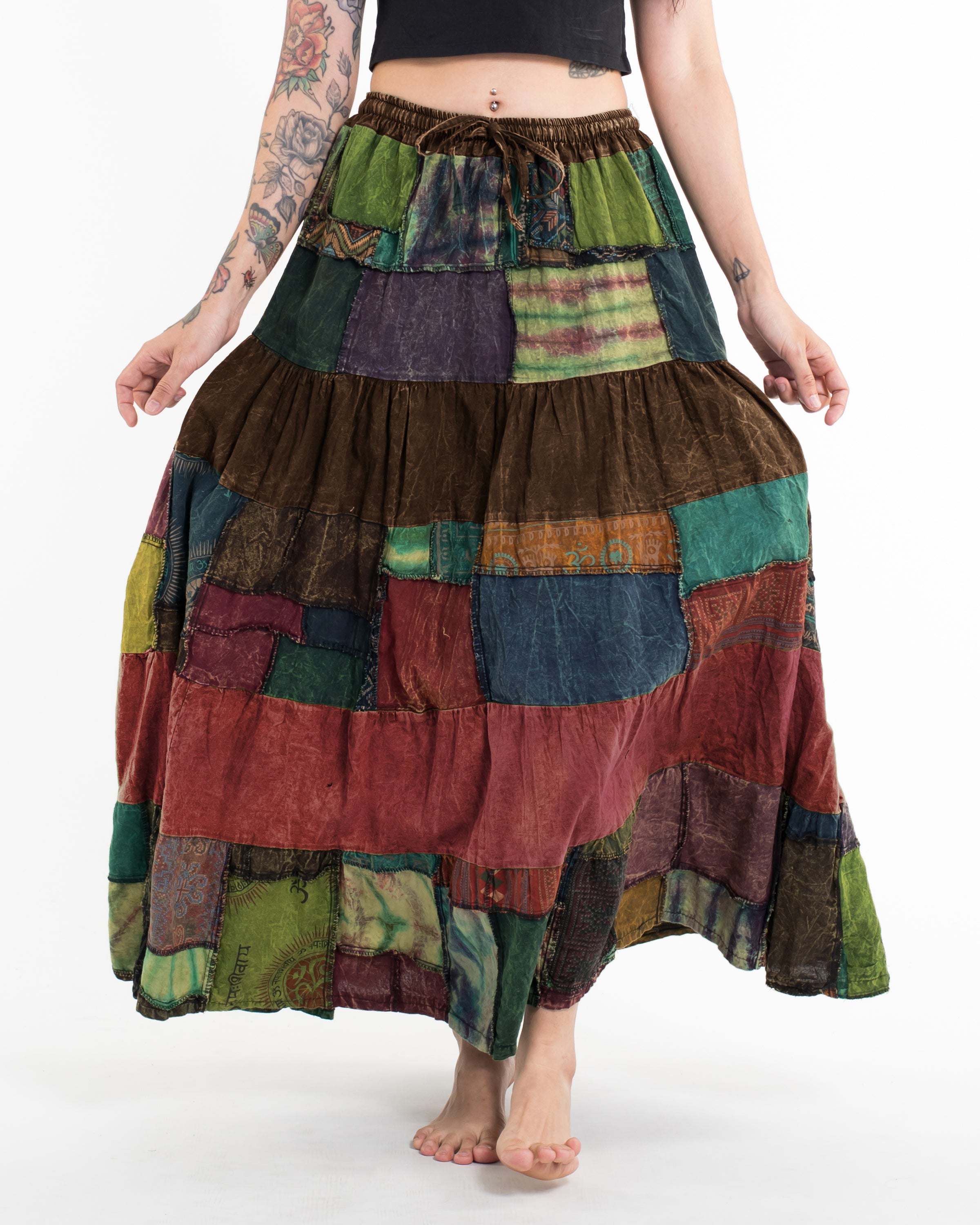 Patchwork Stonewash Long Skirt in Multi Brown Red