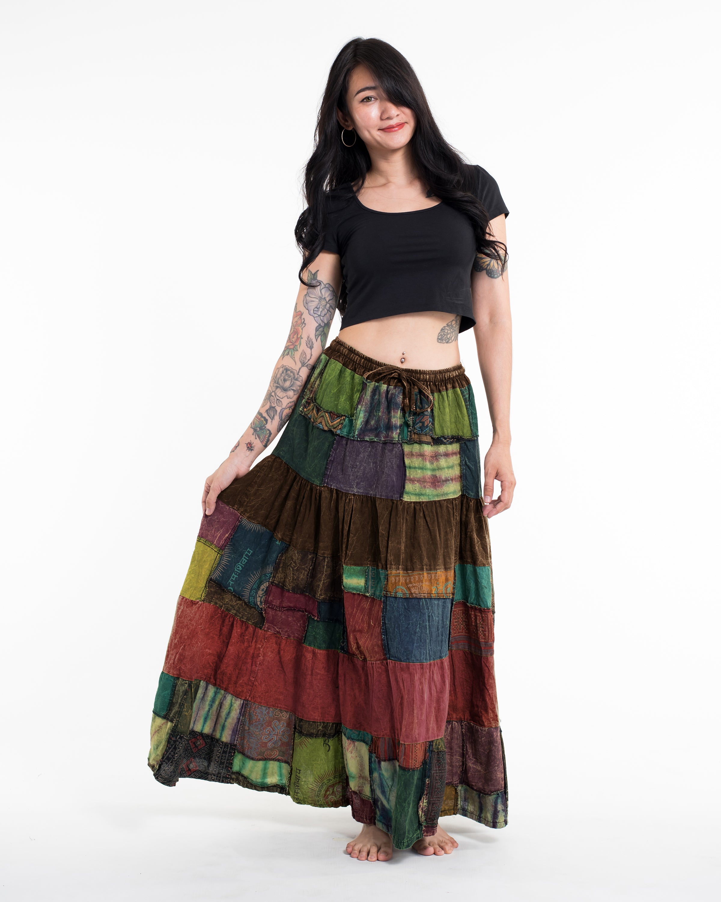 Patchwork Stonewash Long Skirt in Multi Brown Red