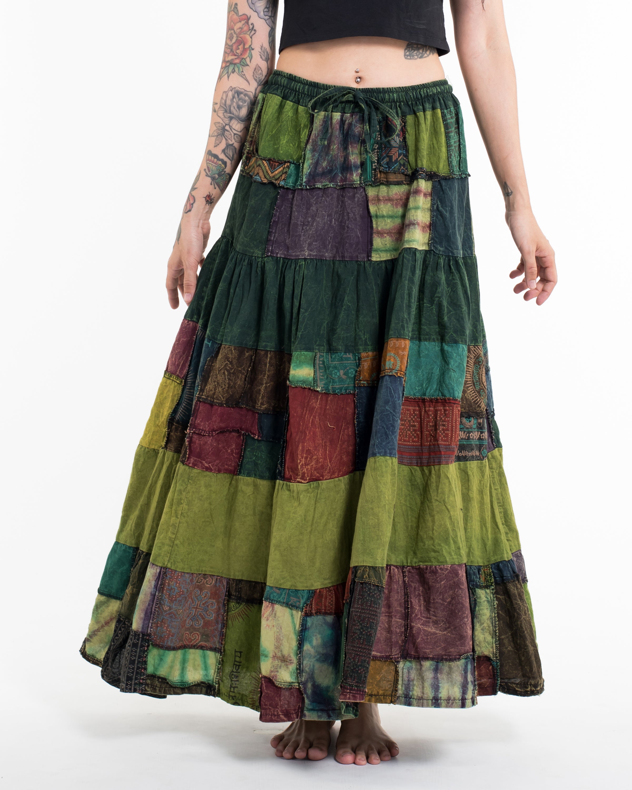 Patchwork Stonewash Long Skirt in Multi Green Lime
