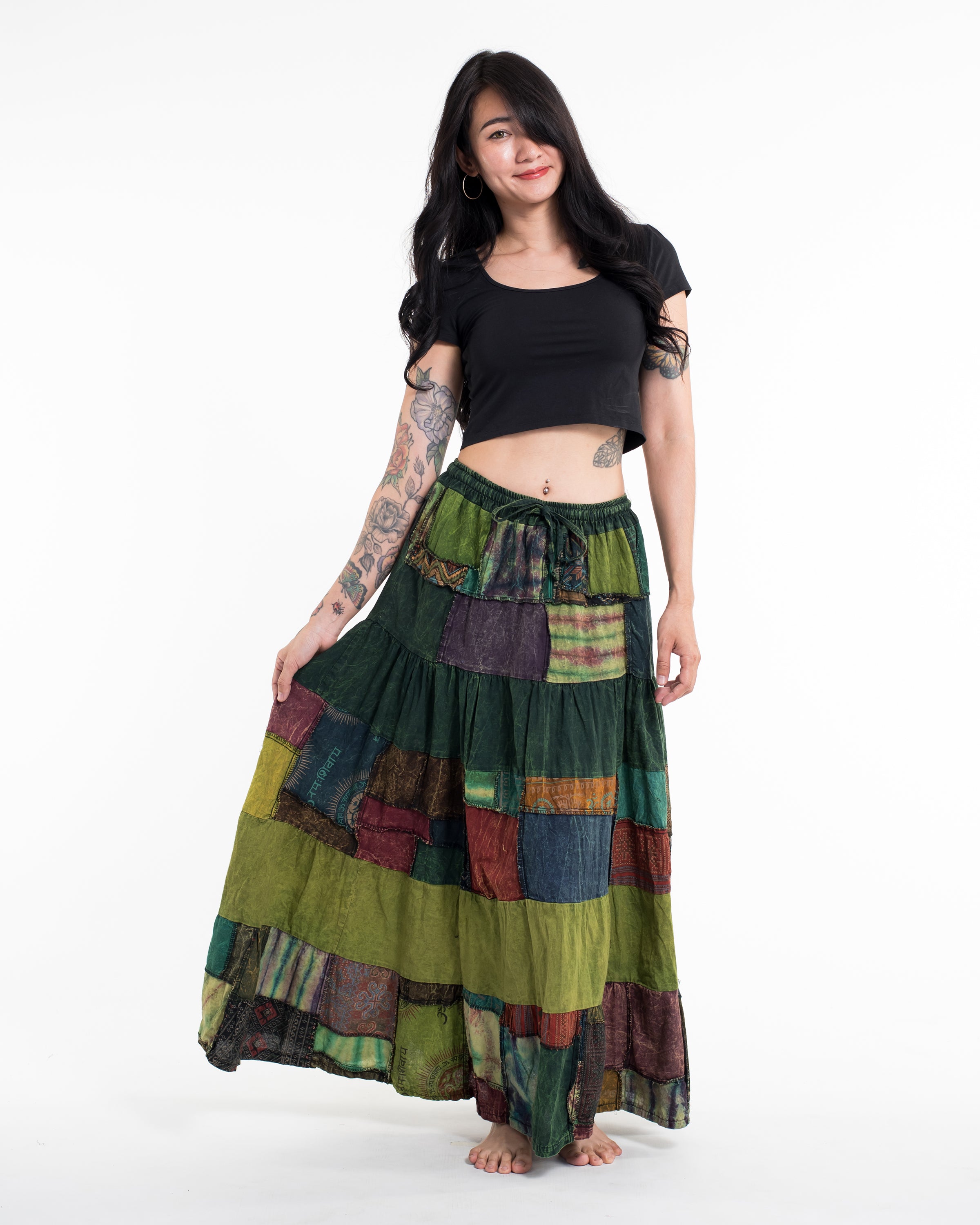 Patchwork Stonewash Long Skirt in Multi Green Lime