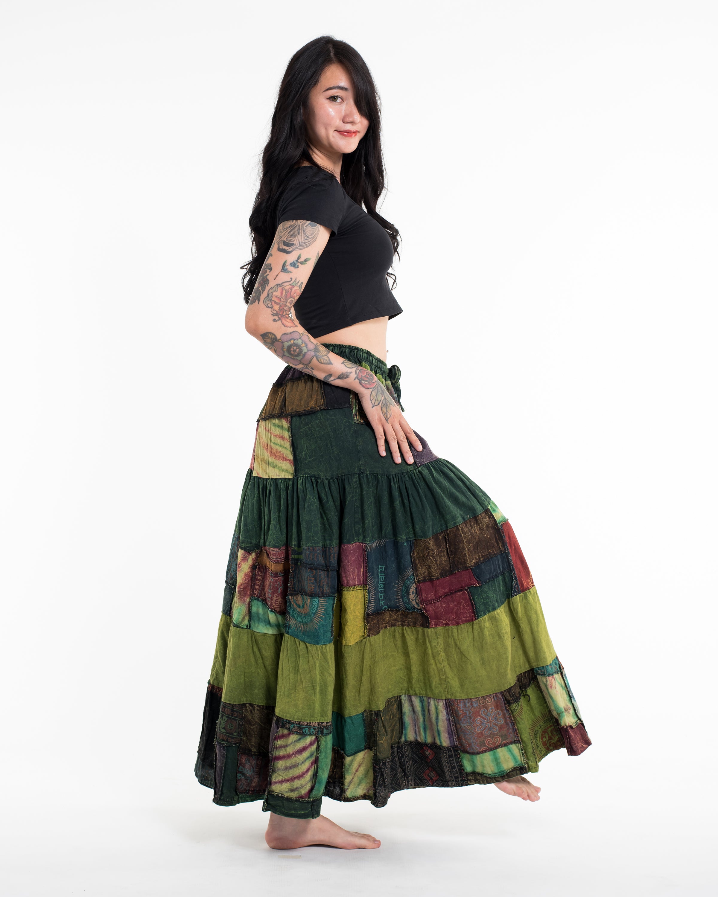 Patchwork Stonewash Long Skirt in Multi Green Lime