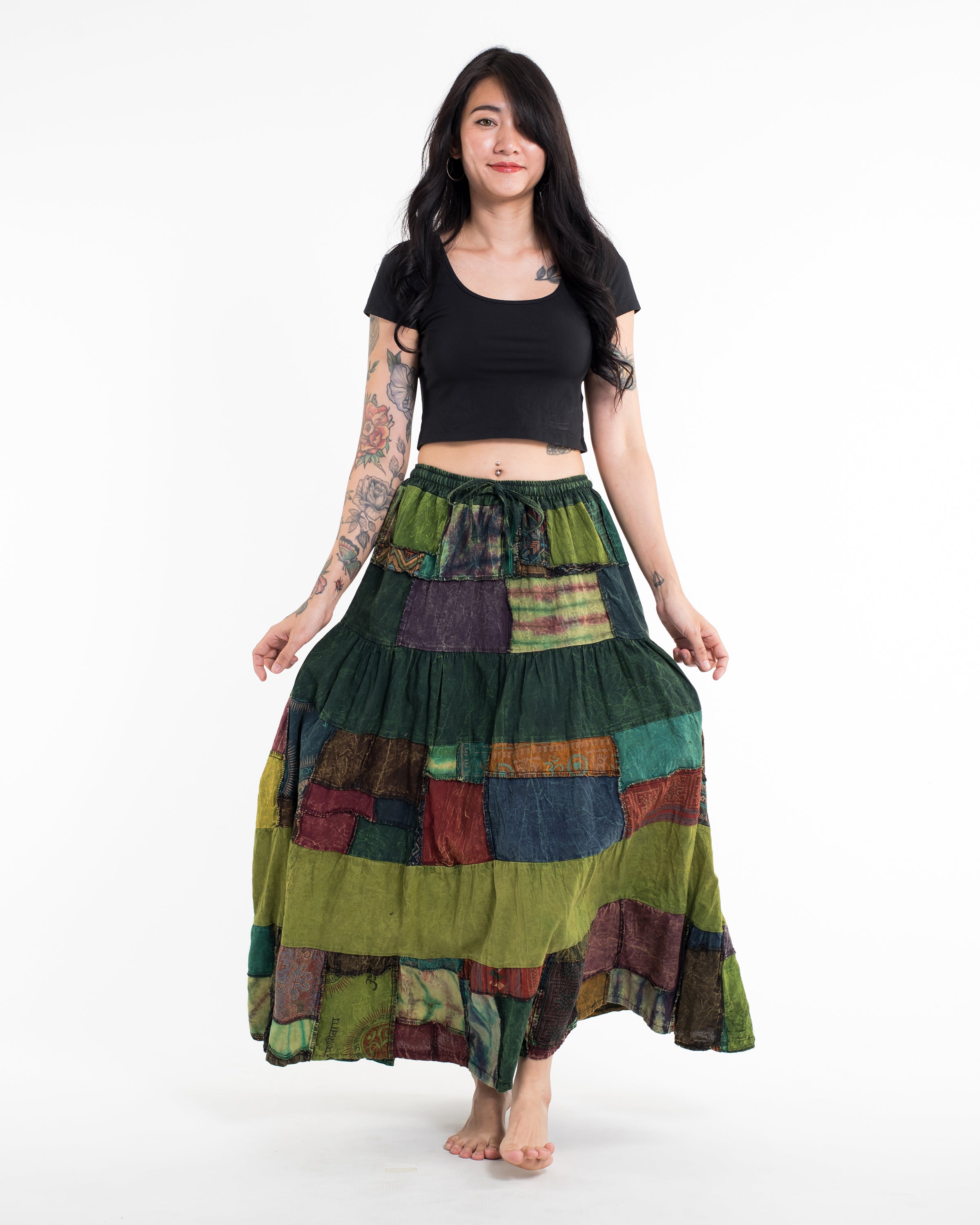 Patchwork Stonewash Long Skirt in Multi Green Lime
