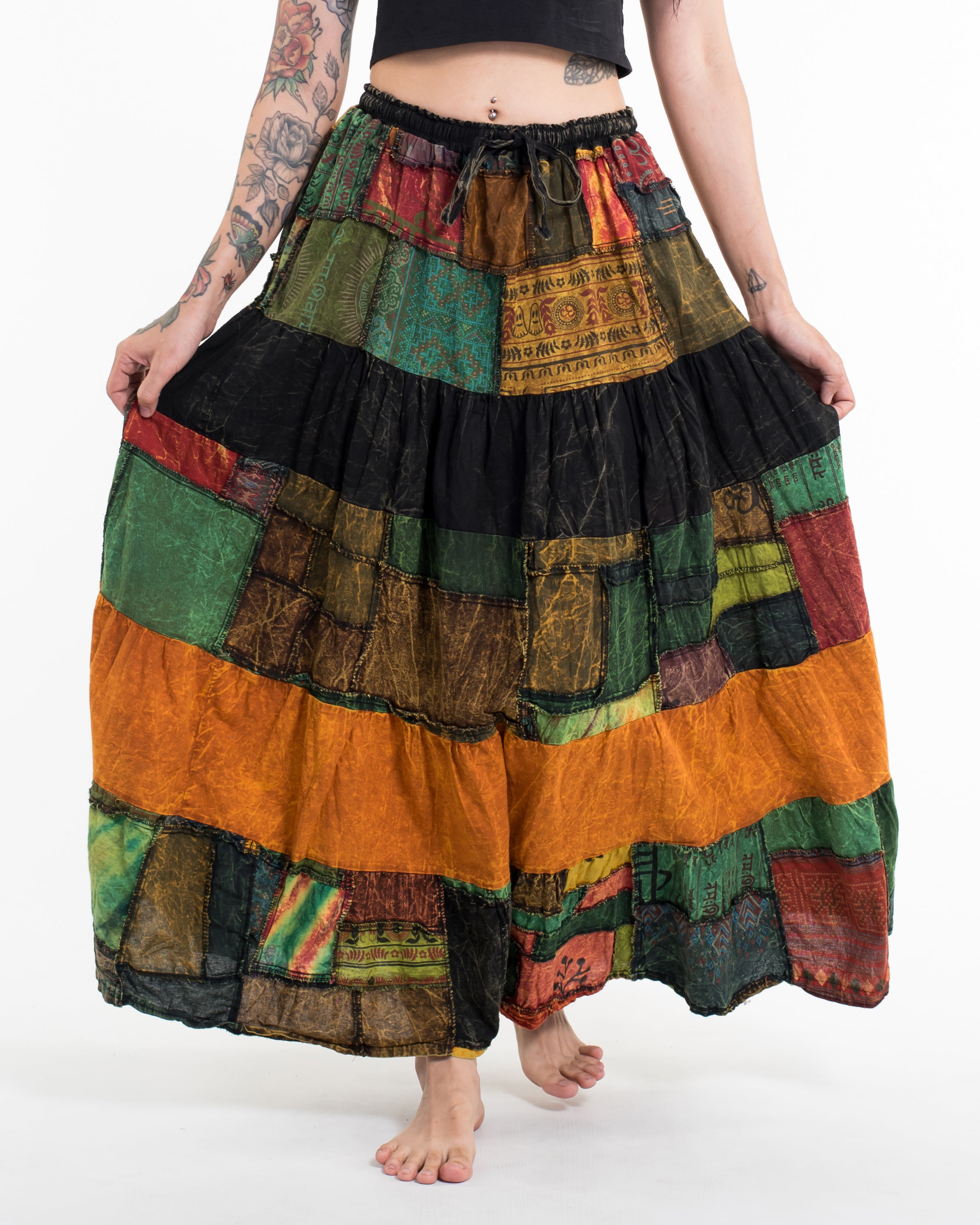 Patchwork Stonewash Long Skirt in Multi Black Yellow