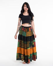 Patchwork Stonewash Long Skirt in Multi Black Yellow