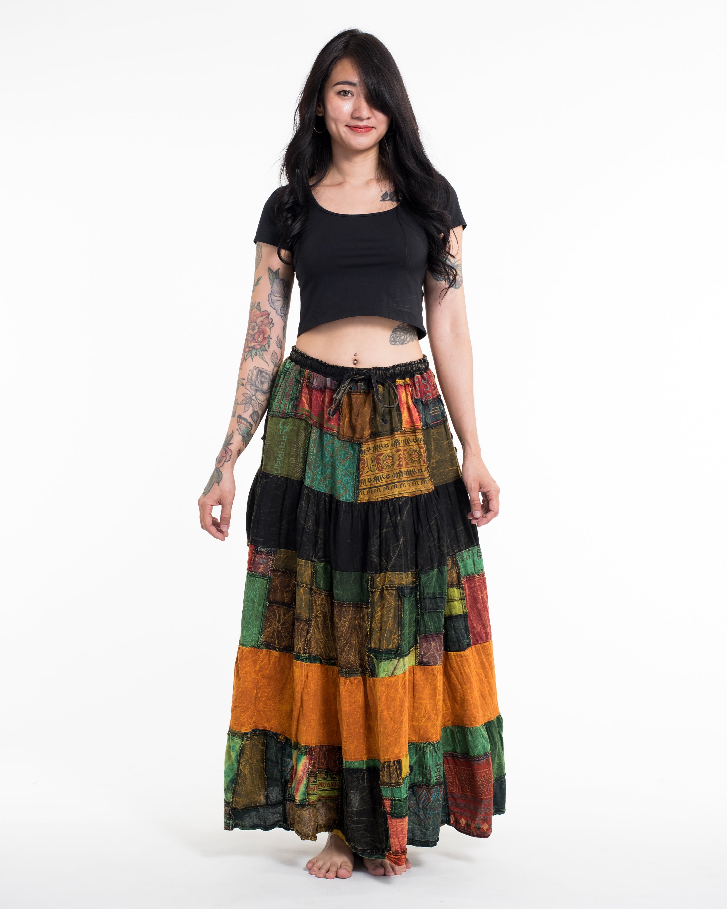 Patchwork Stonewash Long Skirt in Multi Black Yellow