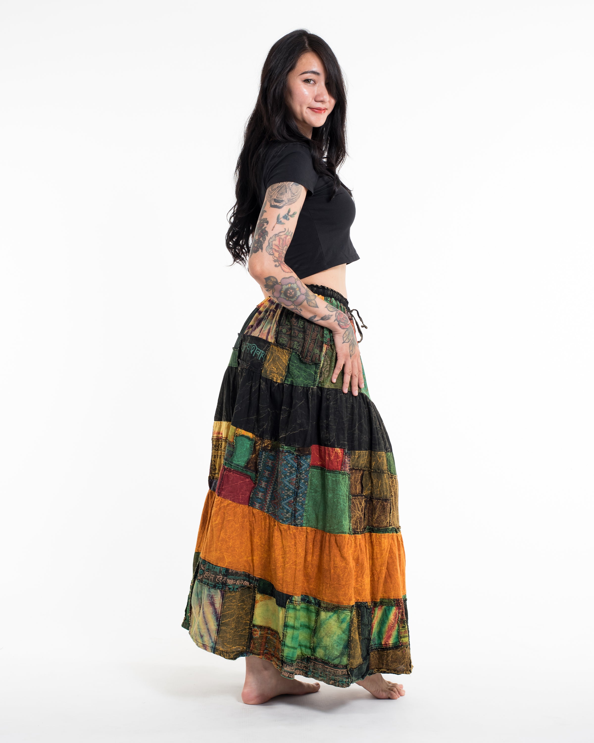Patchwork Stonewash Long Skirt in Multi Black Yellow