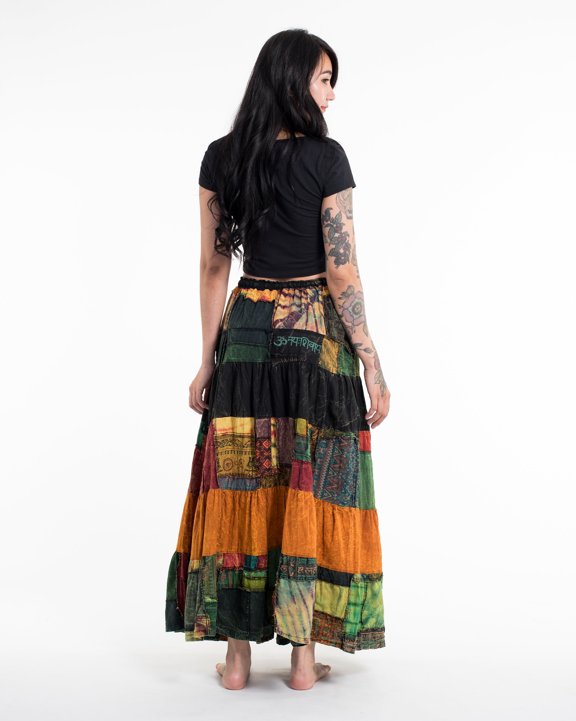 Patchwork Stonewash Long Skirt in Multi Black Yellow