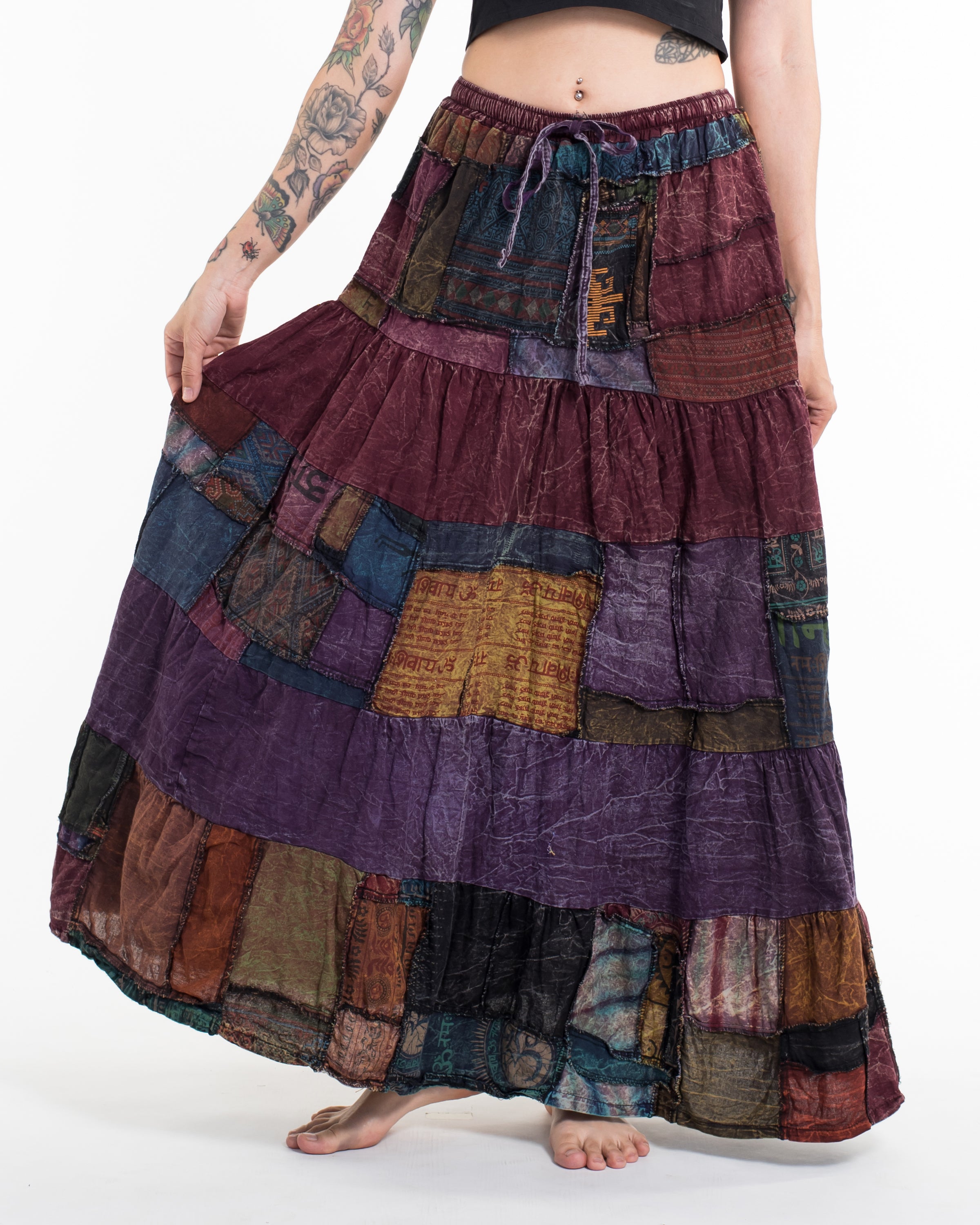 Patchwork Stonewash Long Skirt in Multi Maroon Purple