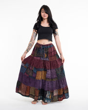 Patchwork Stonewash Long Skirt in Multi Maroon Purple