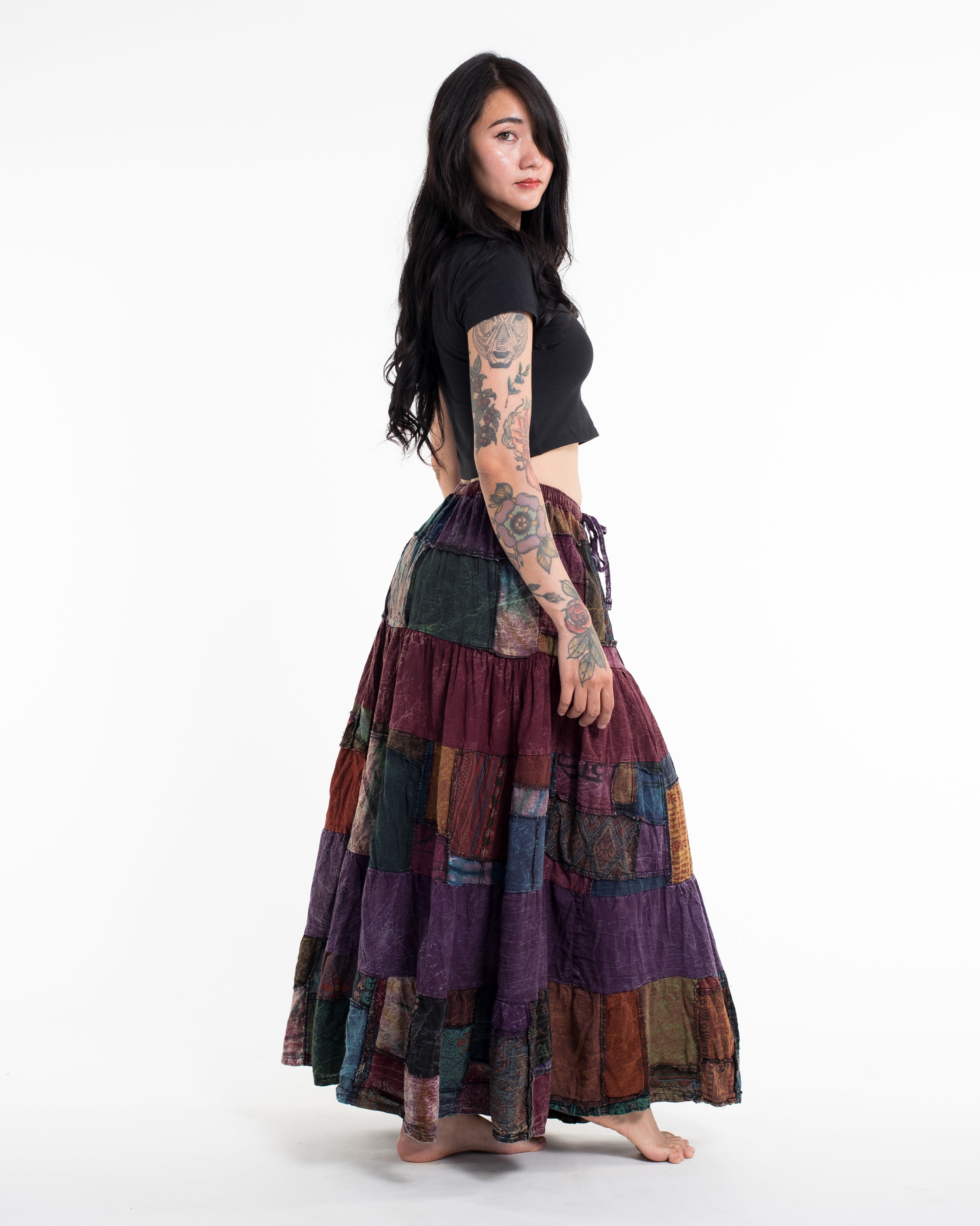 Patchwork Stonewash Long Skirt in Multi Maroon Purple
