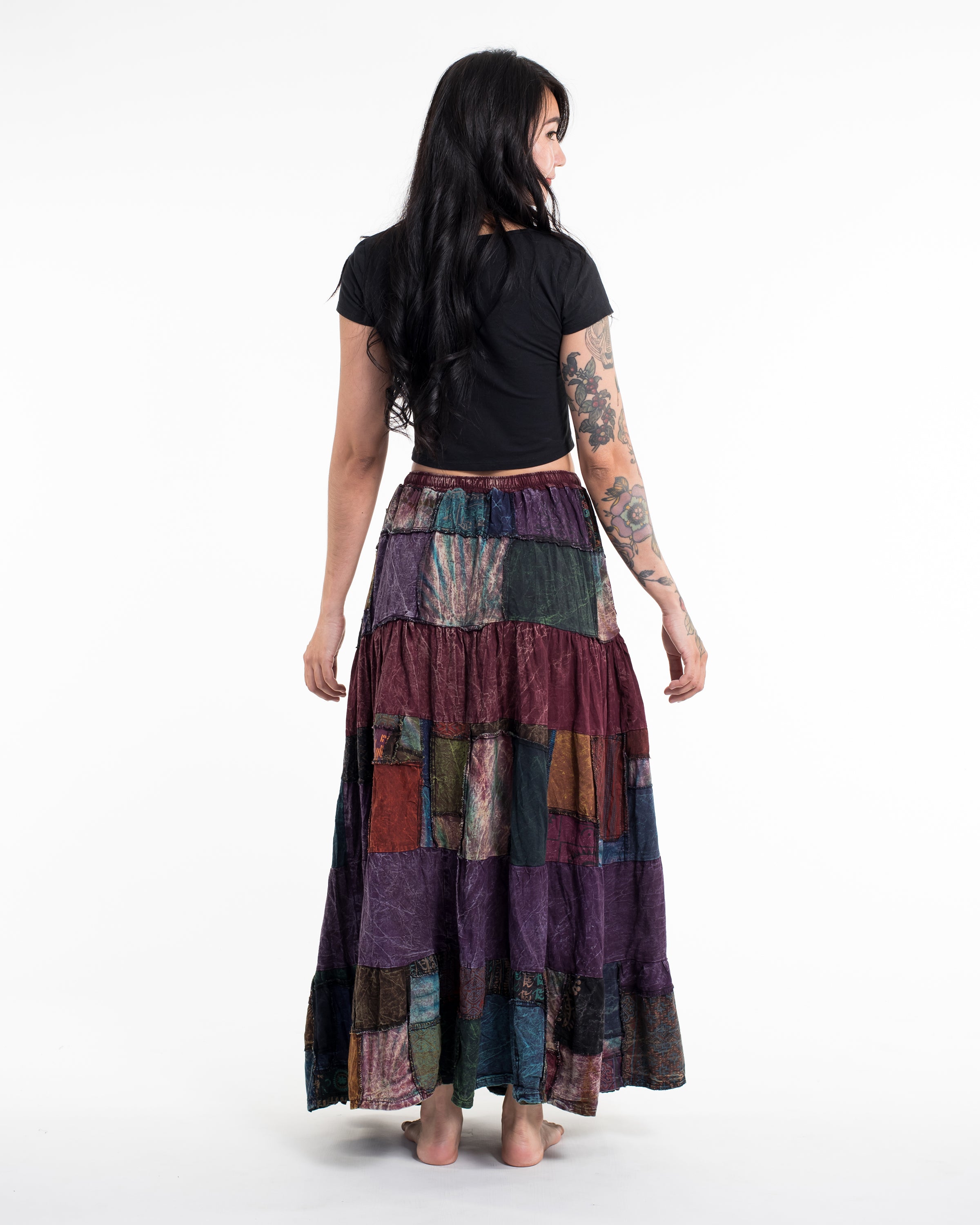 Patchwork Stonewash Long Skirt in Multi Maroon Purple