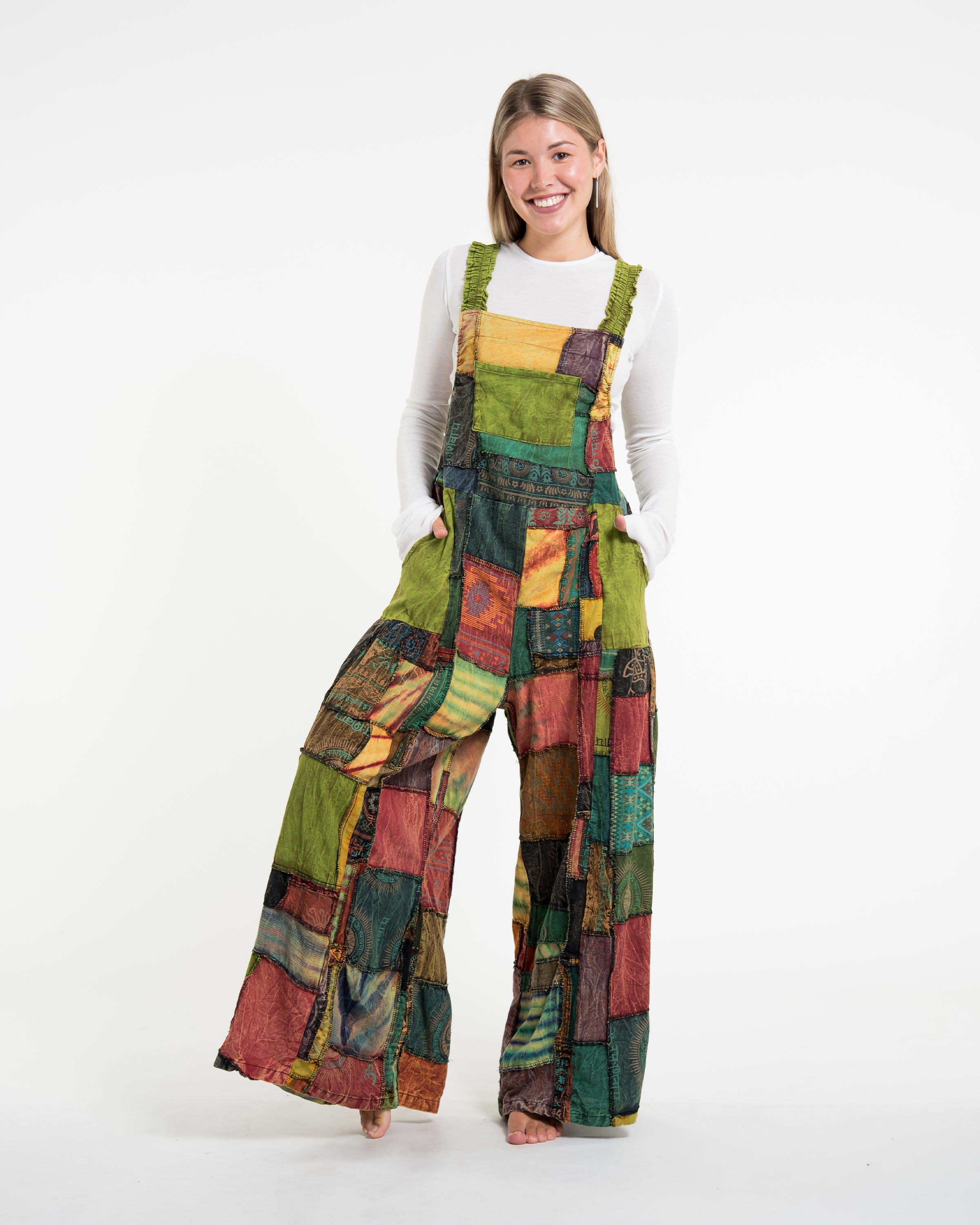 Patchwork Stonewash Overall in Multi Green