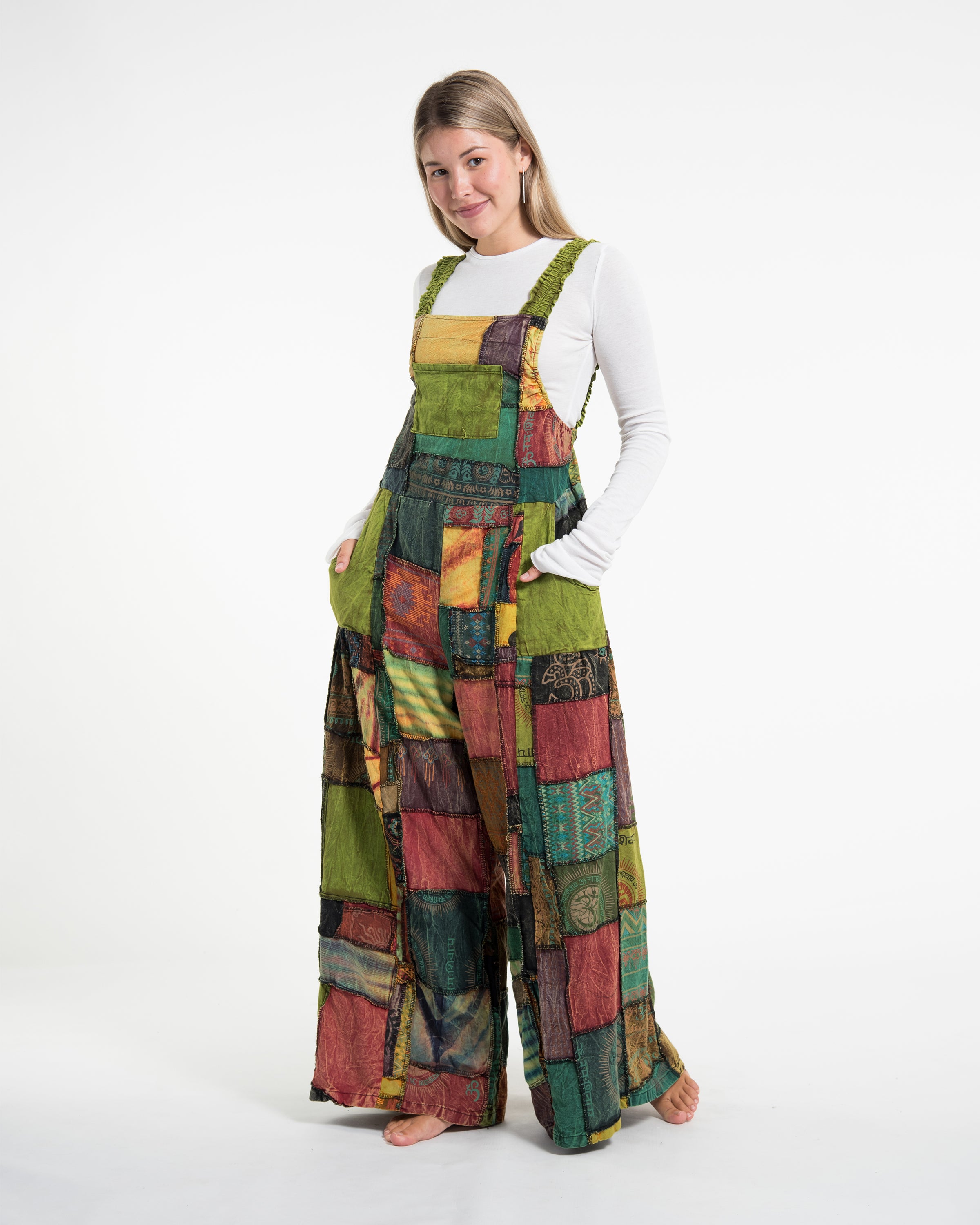 Patchwork Stonewash Overall in Multi Green