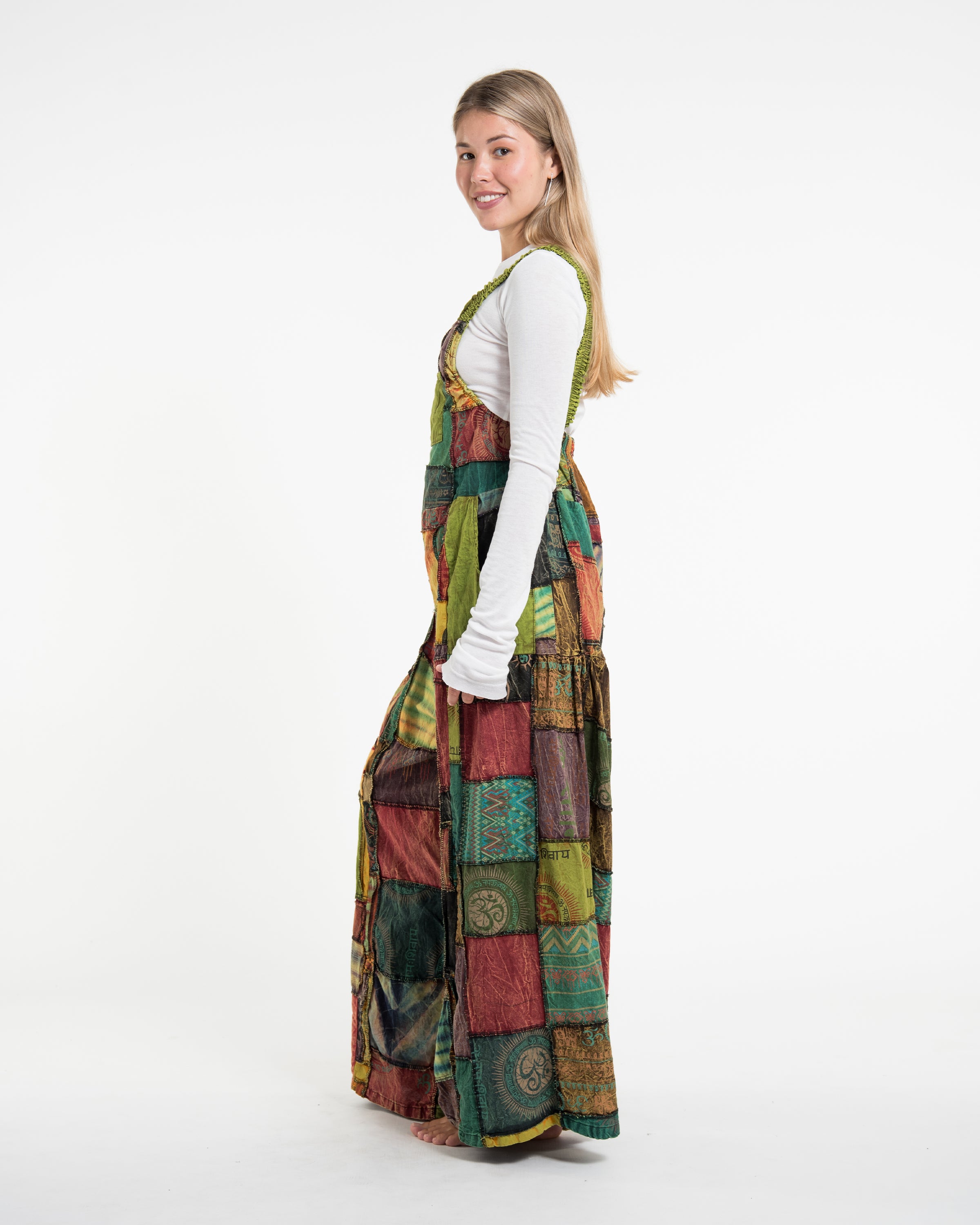 Patchwork Stonewash Overall in Multi Green