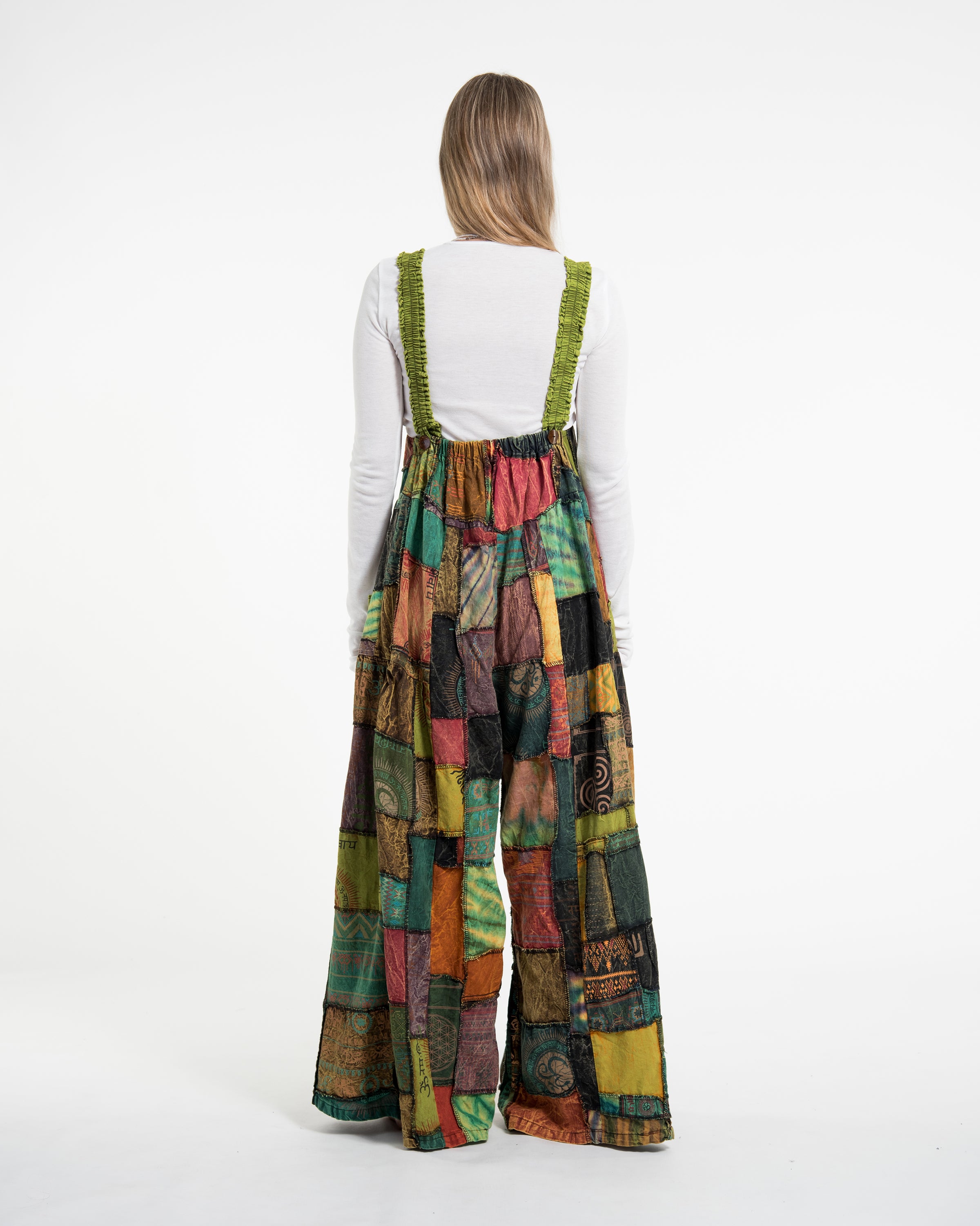 Patchwork Stonewash Overall in Multi Green