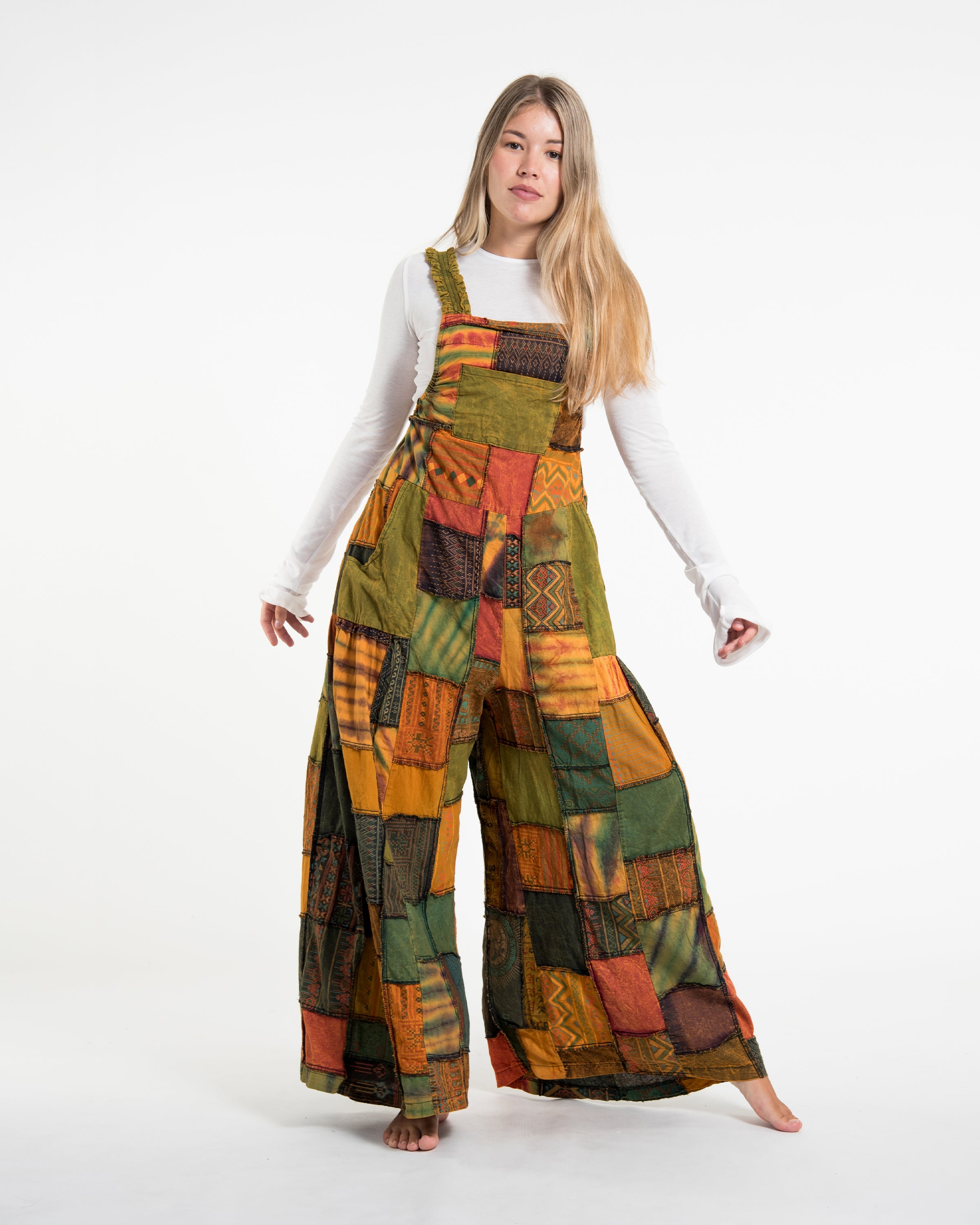 Patchwork Stonewash Overall in Multi Mustard Green