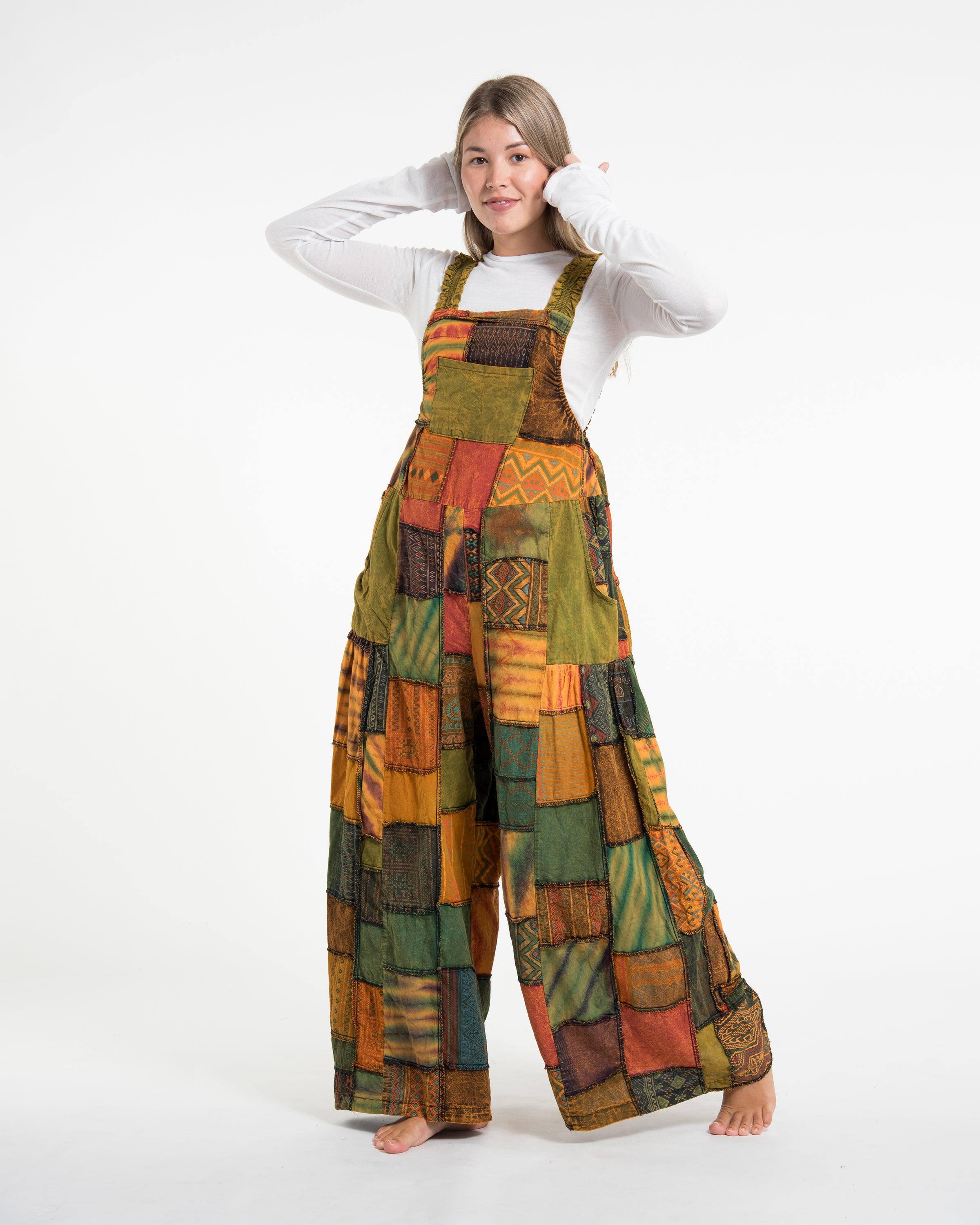 Patchwork Stonewash Overall in Multi Mustard Green
