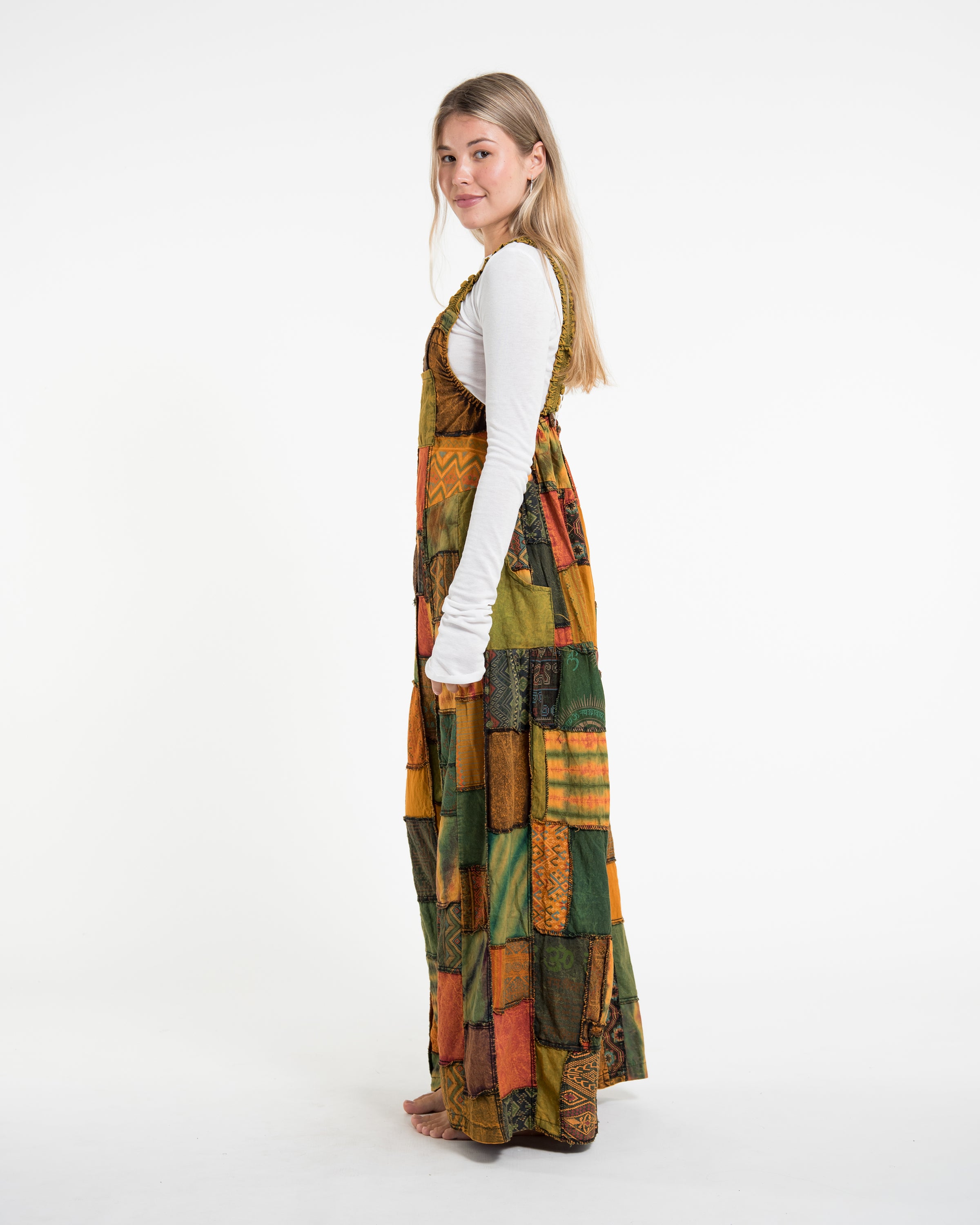 Patchwork Stonewash Overall in Multi Mustard Green