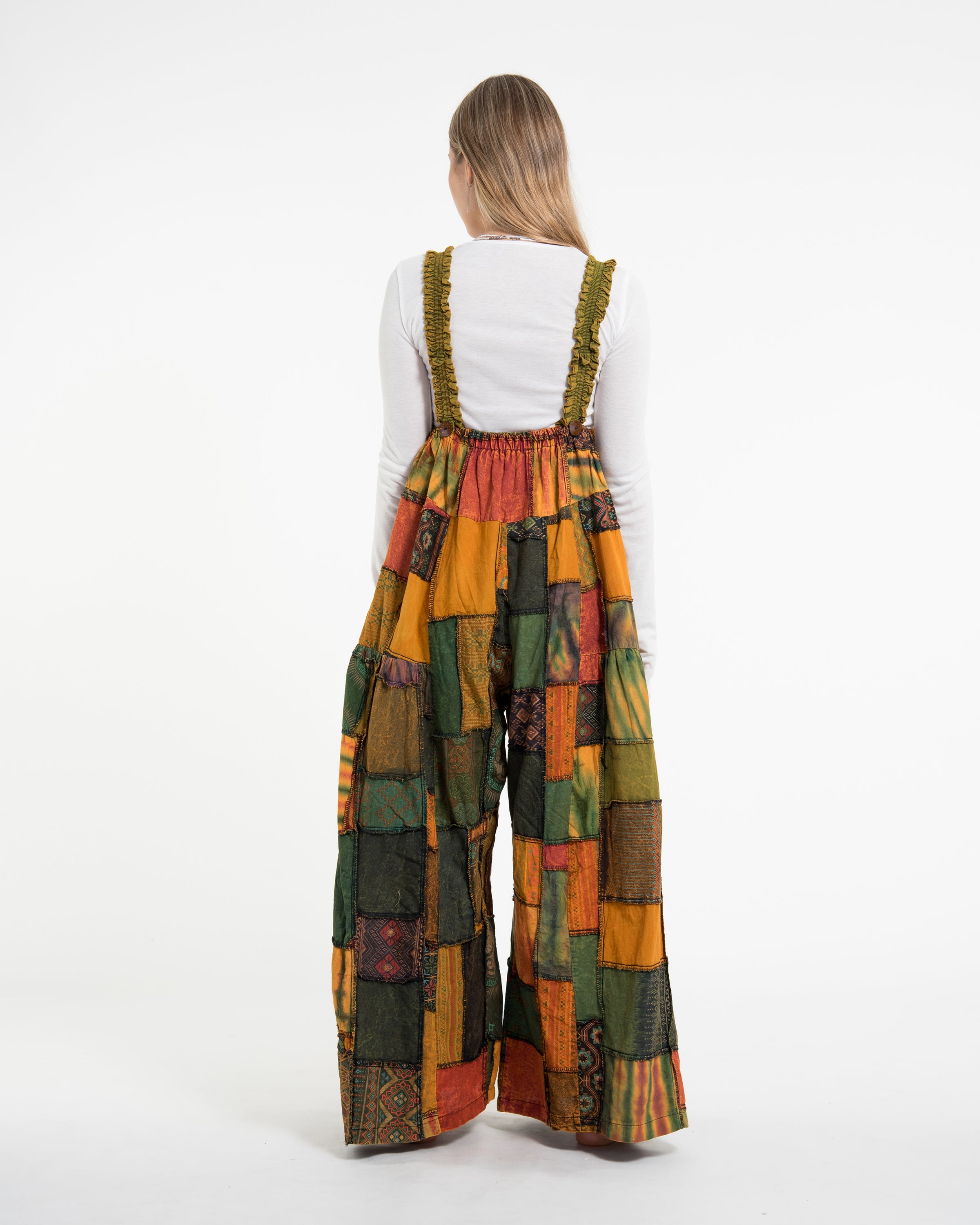 Patchwork Stonewash Overall in Multi Mustard Green