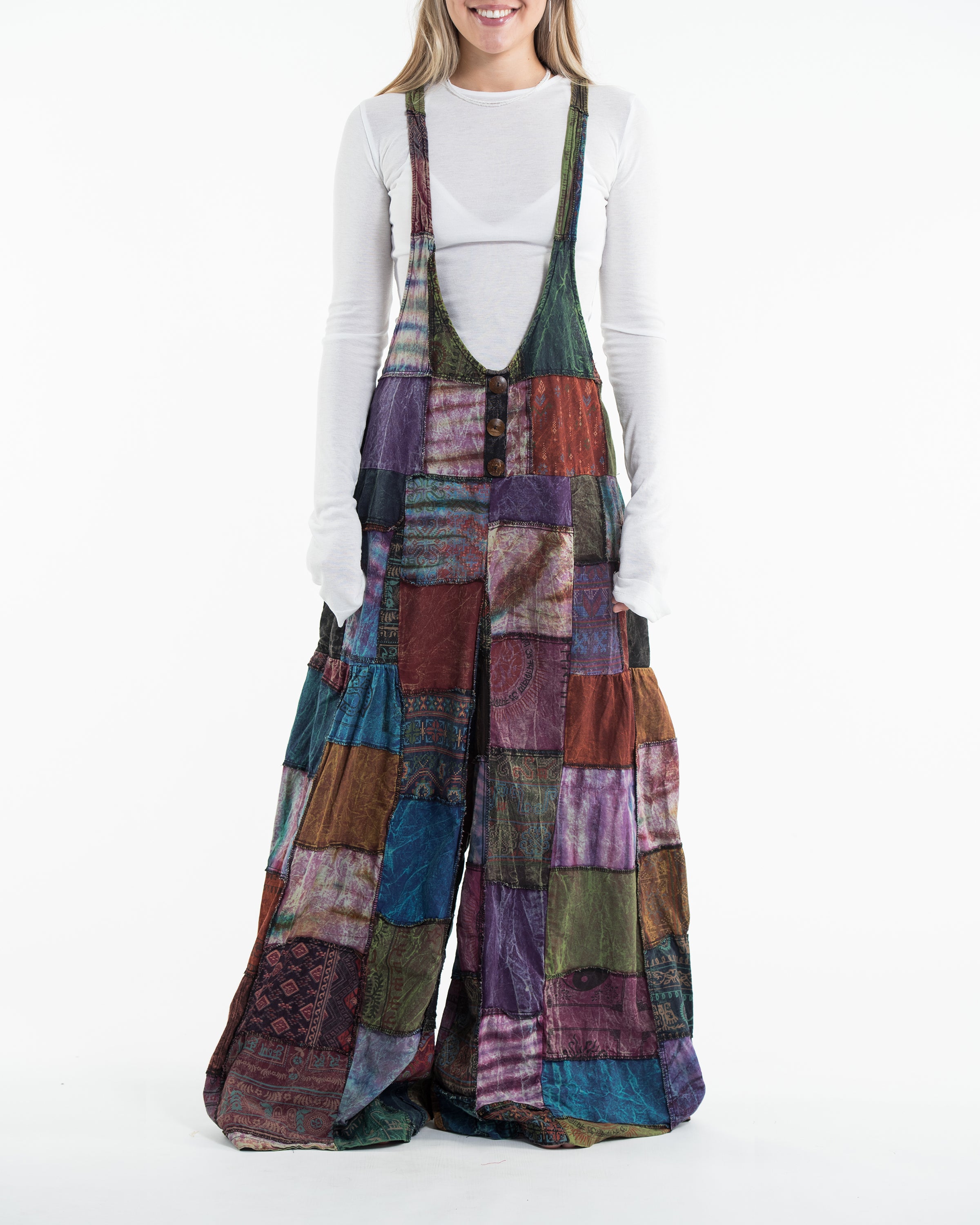 Baggy Style Patchwork Stonewash Overall in Multi Black