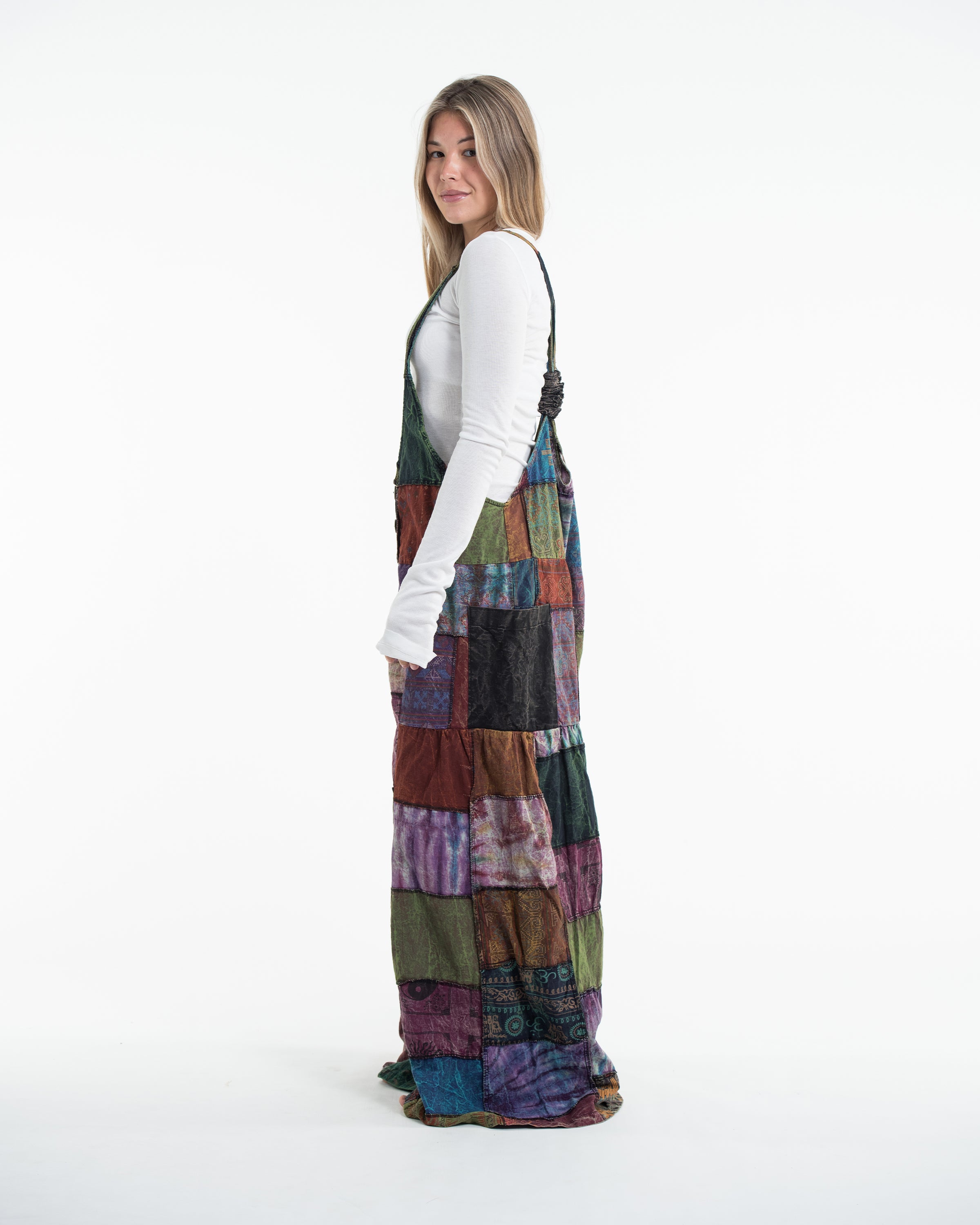 Baggy Style Patchwork Stonewash Overall in Multi Black