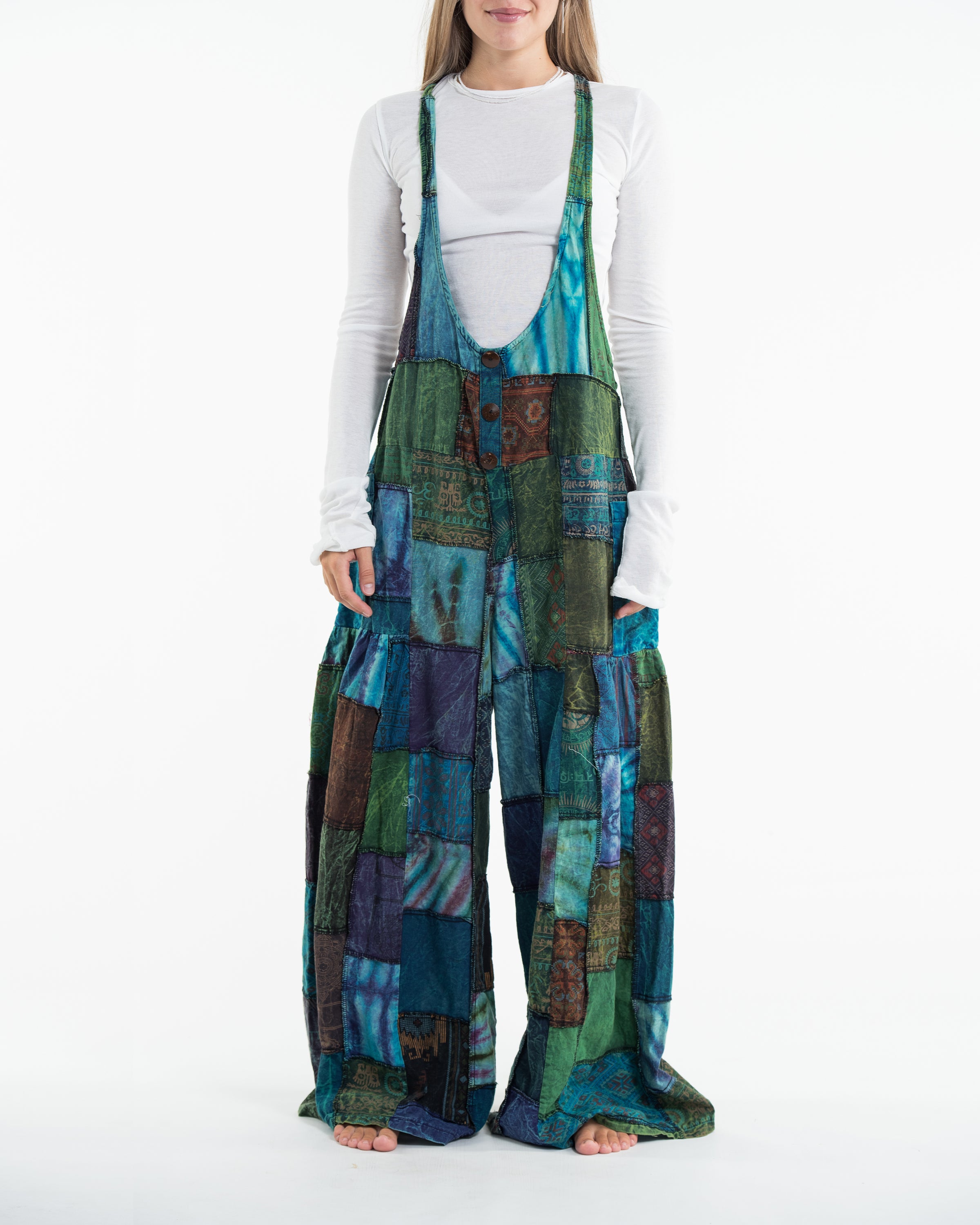 Baggy Style Patchwork Stonewash Overall in Multi Blue