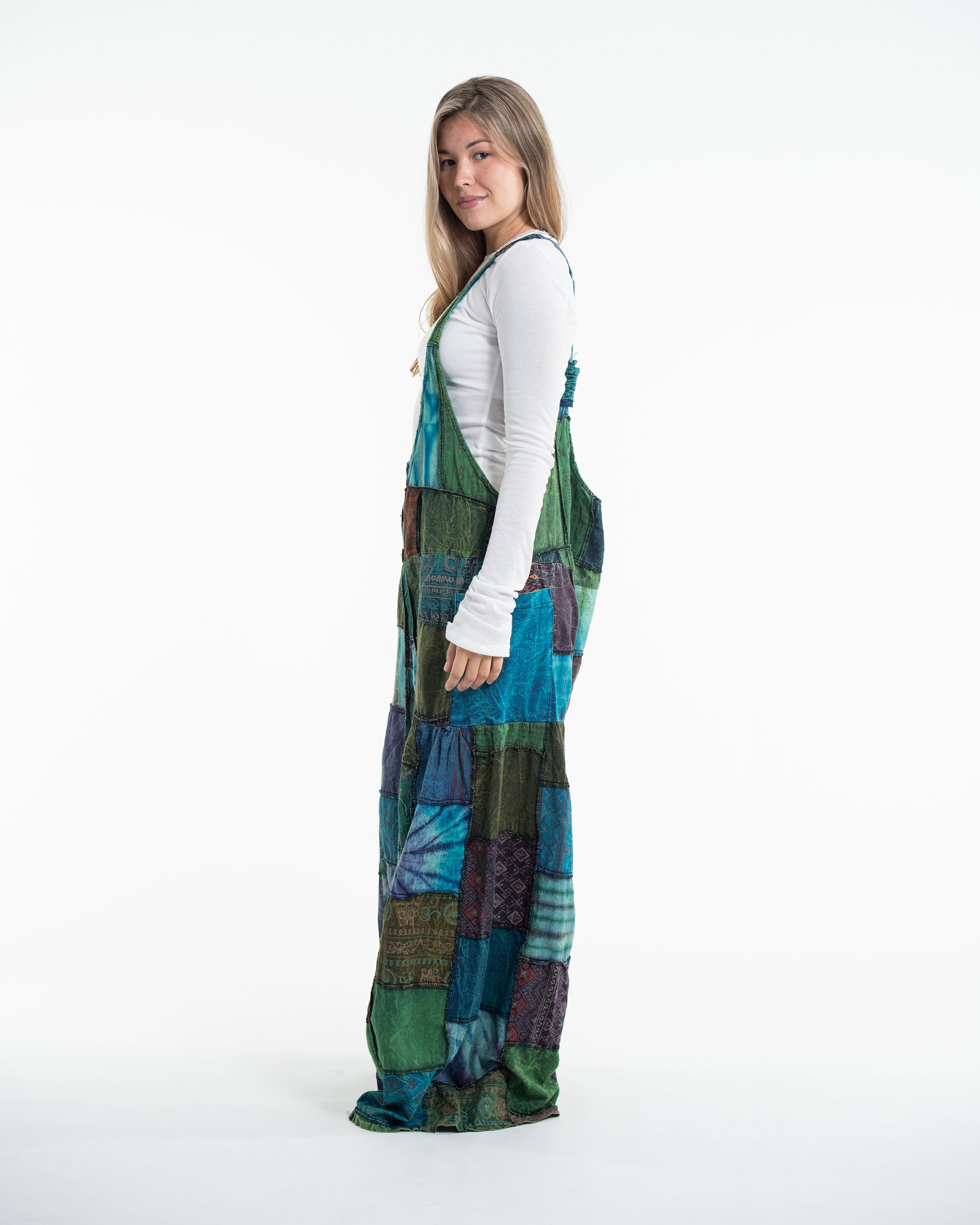 Baggy Style Patchwork Stonewash Overall in Multi Blue