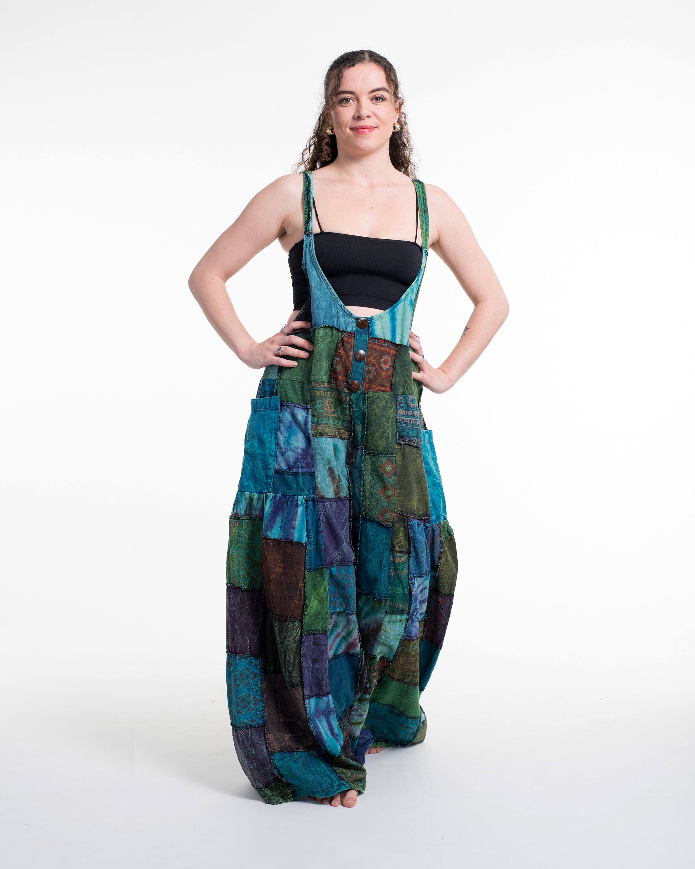 Baggy Style Patchwork Stonewash Overall in Multi Blue