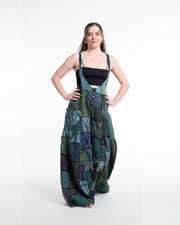 Baggy Style Patchwork Stonewash Overall in Multi Blue Teal