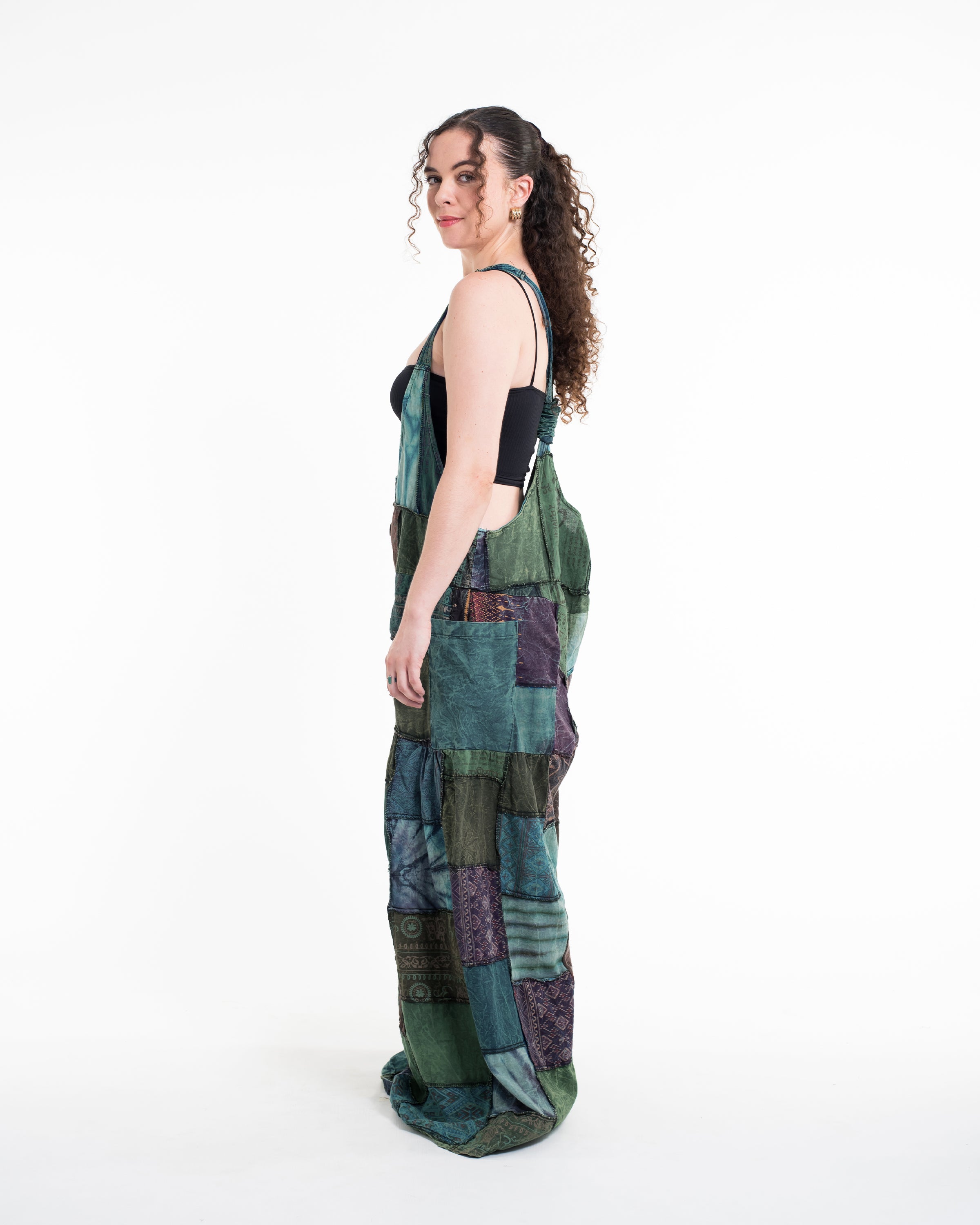 Baggy Style Patchwork Stonewash Overall in Multi Blue Teal
