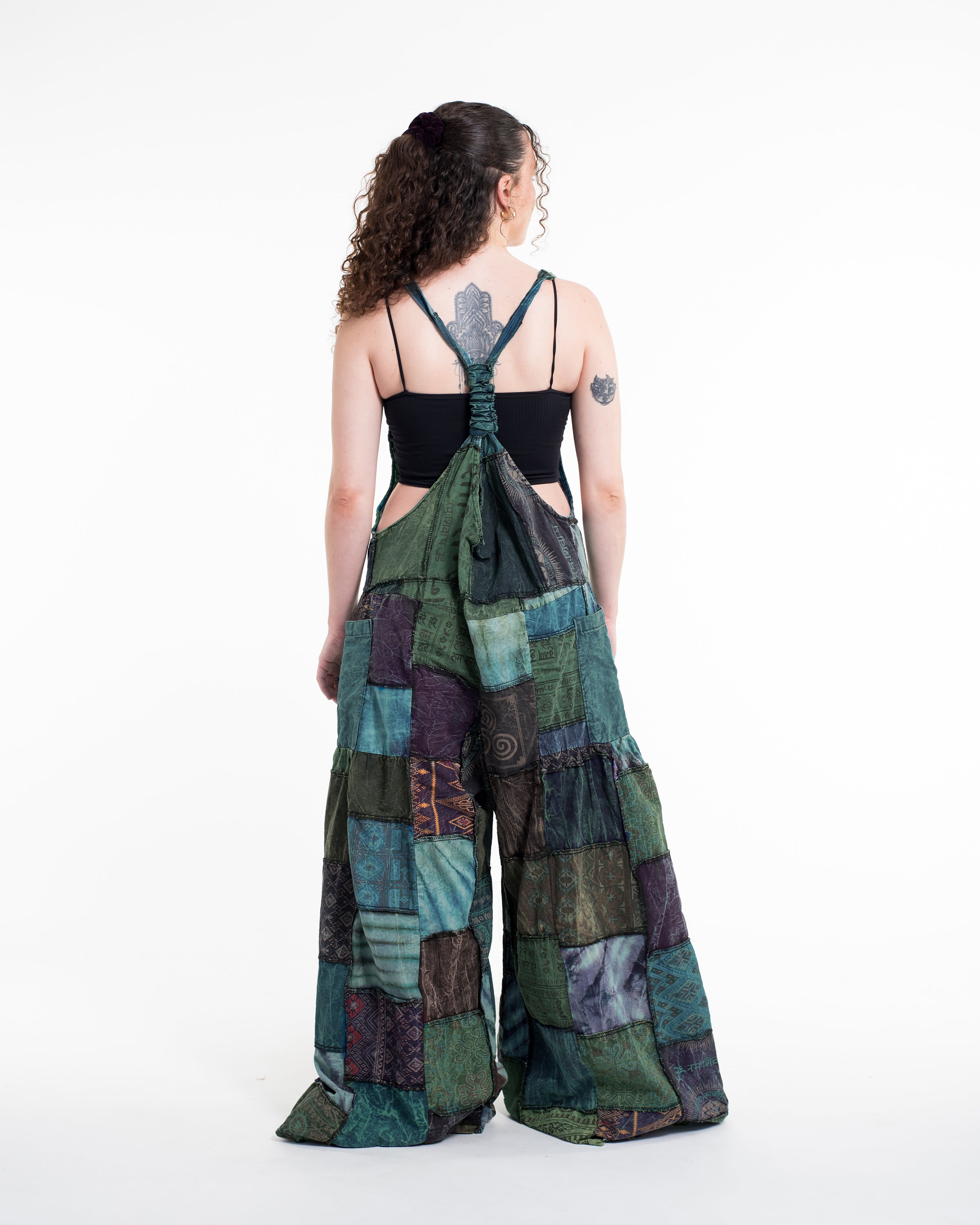 Baggy Style Patchwork Stonewash Overall in Multi Blue Teal