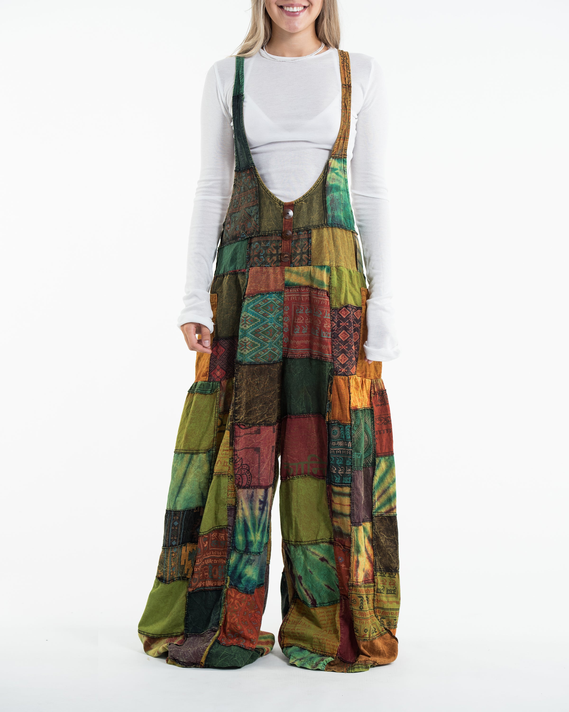 Baggy Style Patchwork Stonewash Overall in Multi Orange