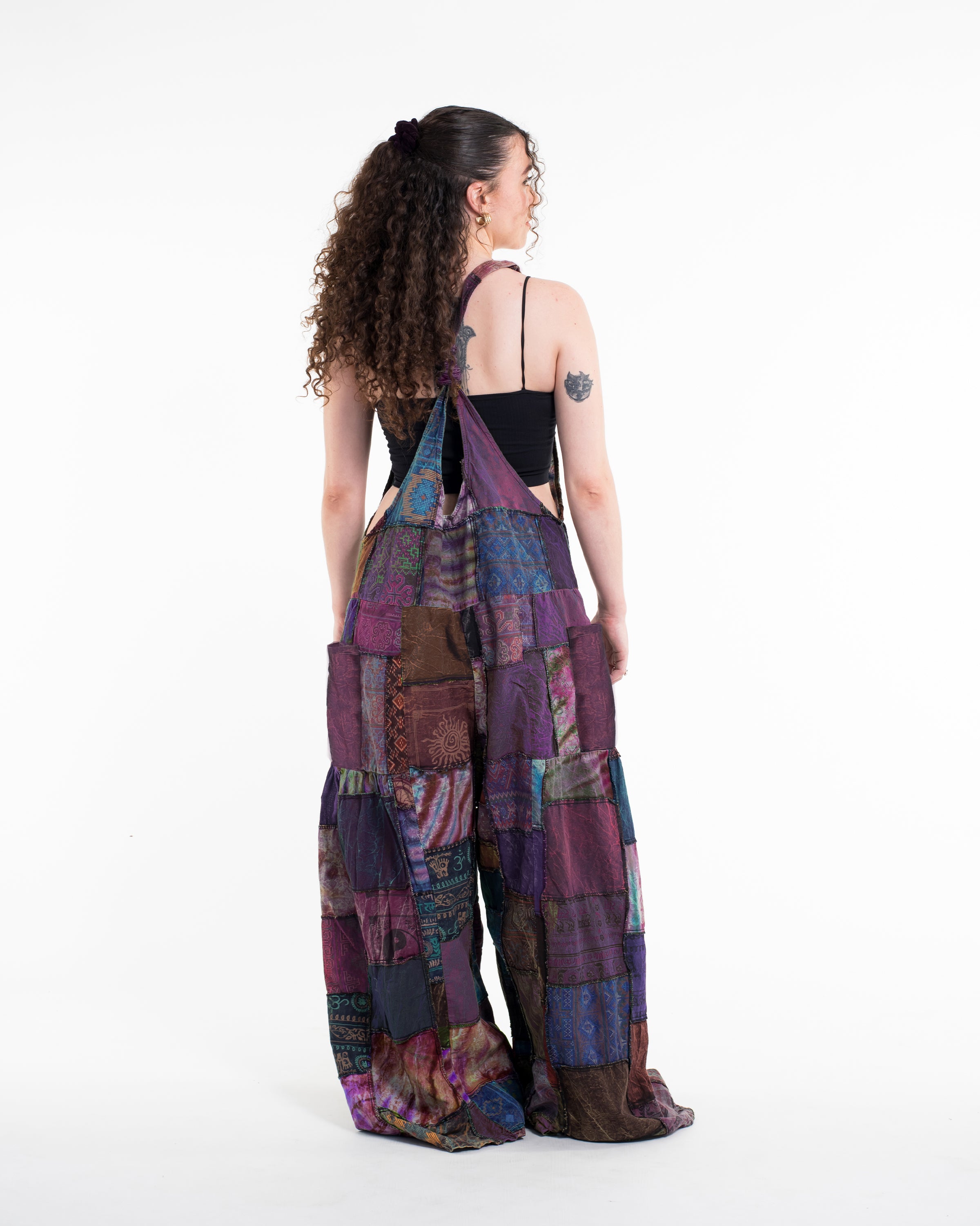 Baggy Style Patchwork Stonewash Overall in Multi Purple