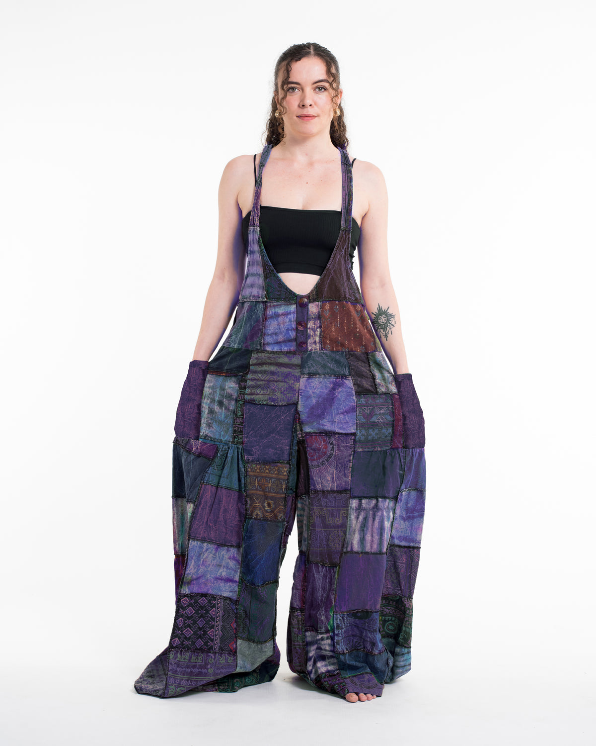 Baggy Style Patchwork Stonewash Overall in Multi Purple
