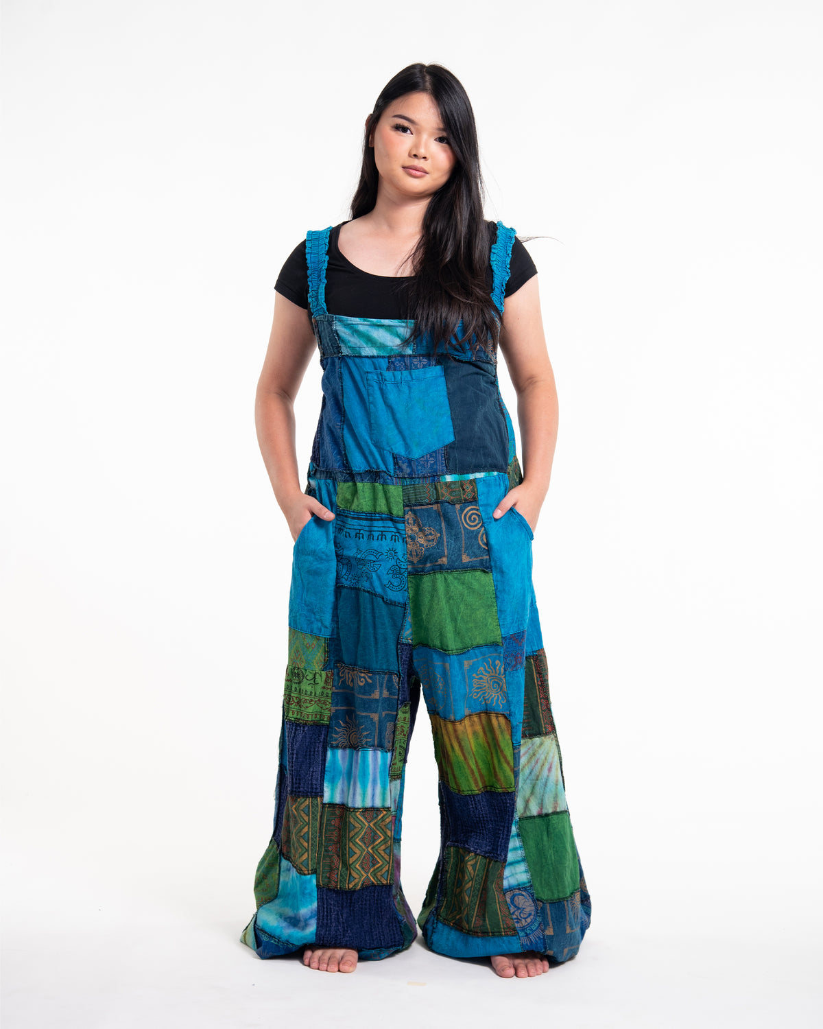 Plus Size Patchwork Stonewash Overall in Multi Blue