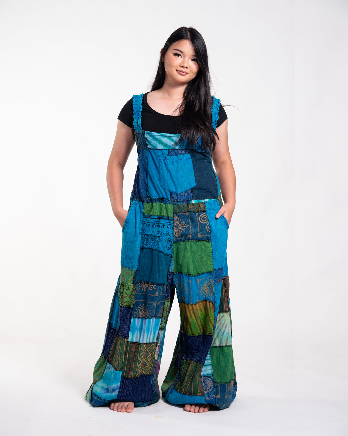 Plus Size Patchwork Stonewash Overall in Multi Blue