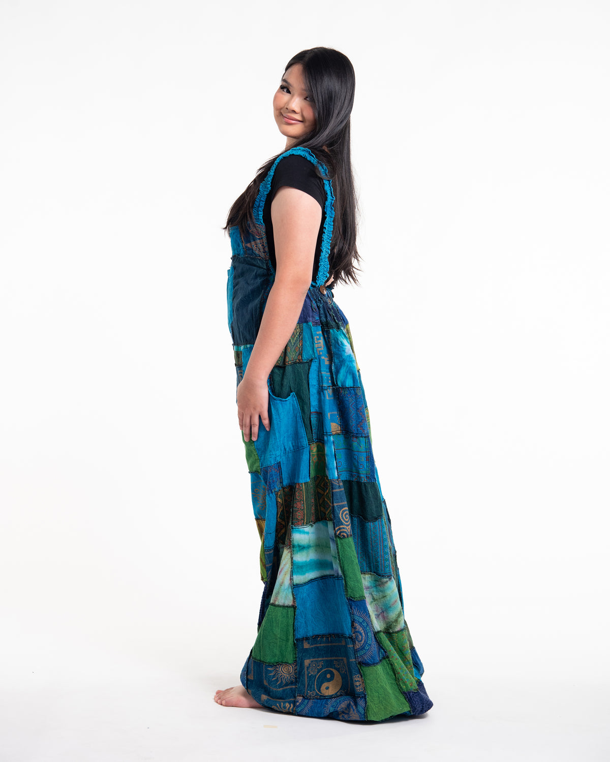 Plus Size Patchwork Stonewash Overall in Multi Blue