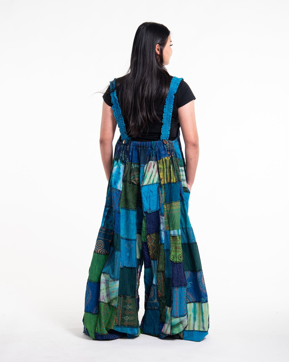 Plus Size Patchwork Stonewash Overall in Multi Blue