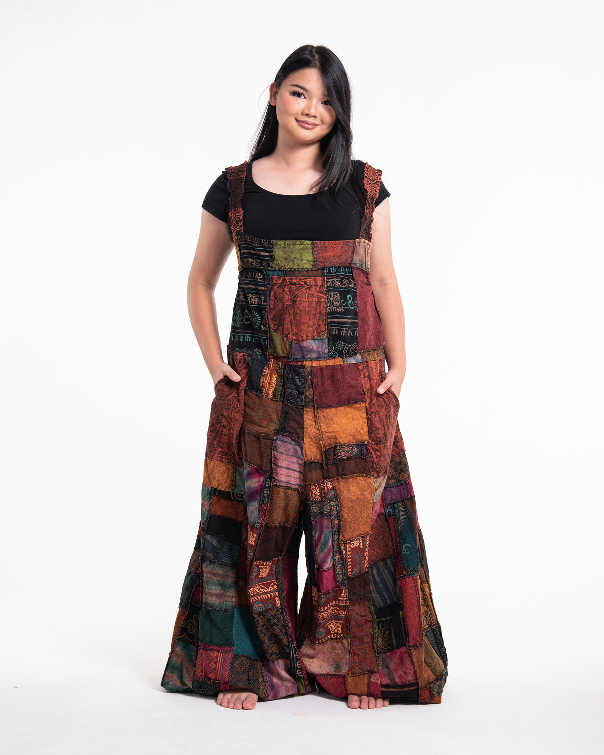 Plus Size Patchwork Stonewash Overall in Multi Brown