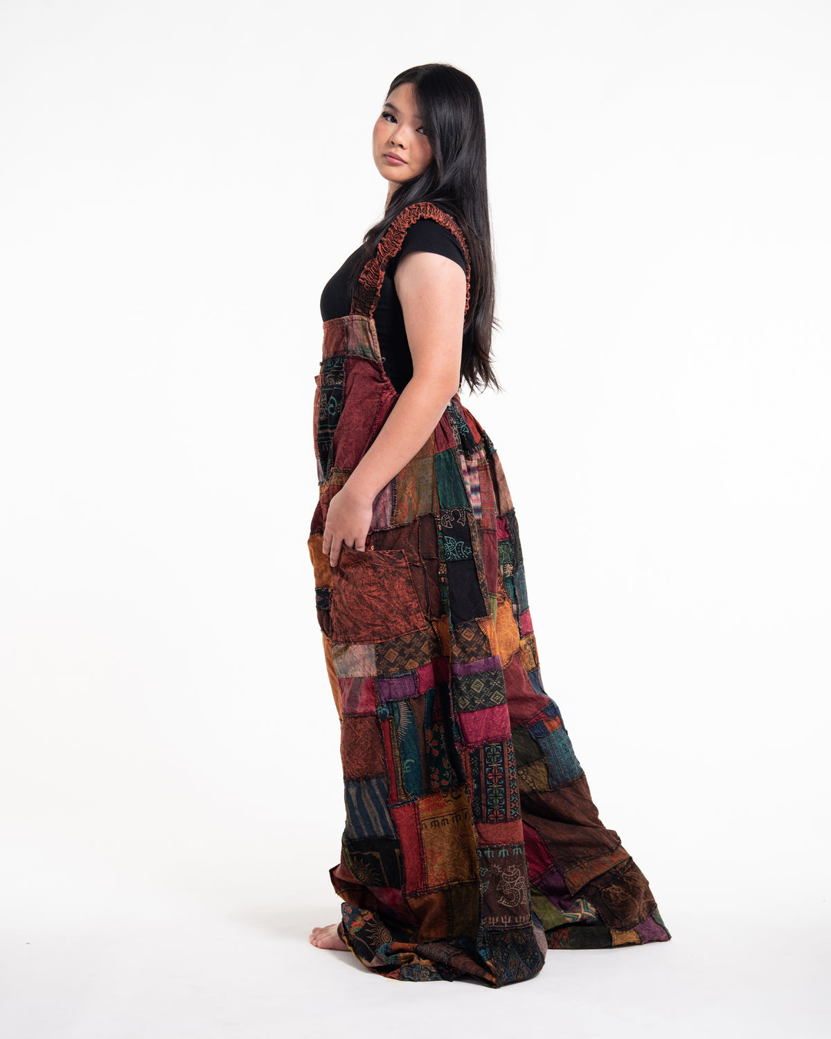 Plus Size Patchwork Stonewash Overall in Multi Brown