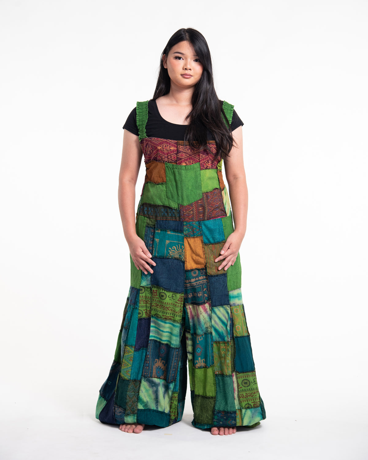 Plus Size Patchwork Stonewash Overall in Multi Green